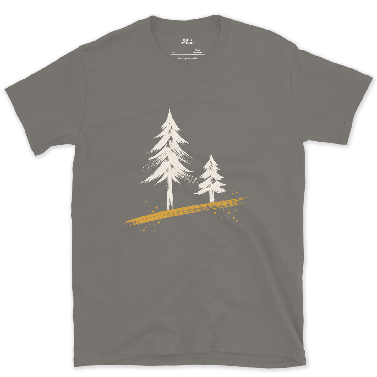 Two Pines, One Older design on a Charcoal Gildan Softstyle t-shirt