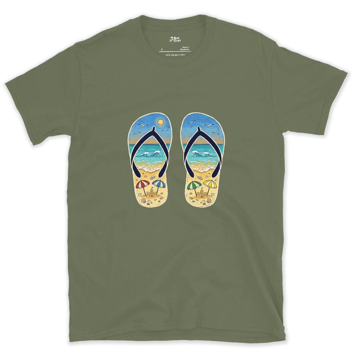 Two Soles, One Whole Beach design on a Military Green Gildan Softstyle t-shirt