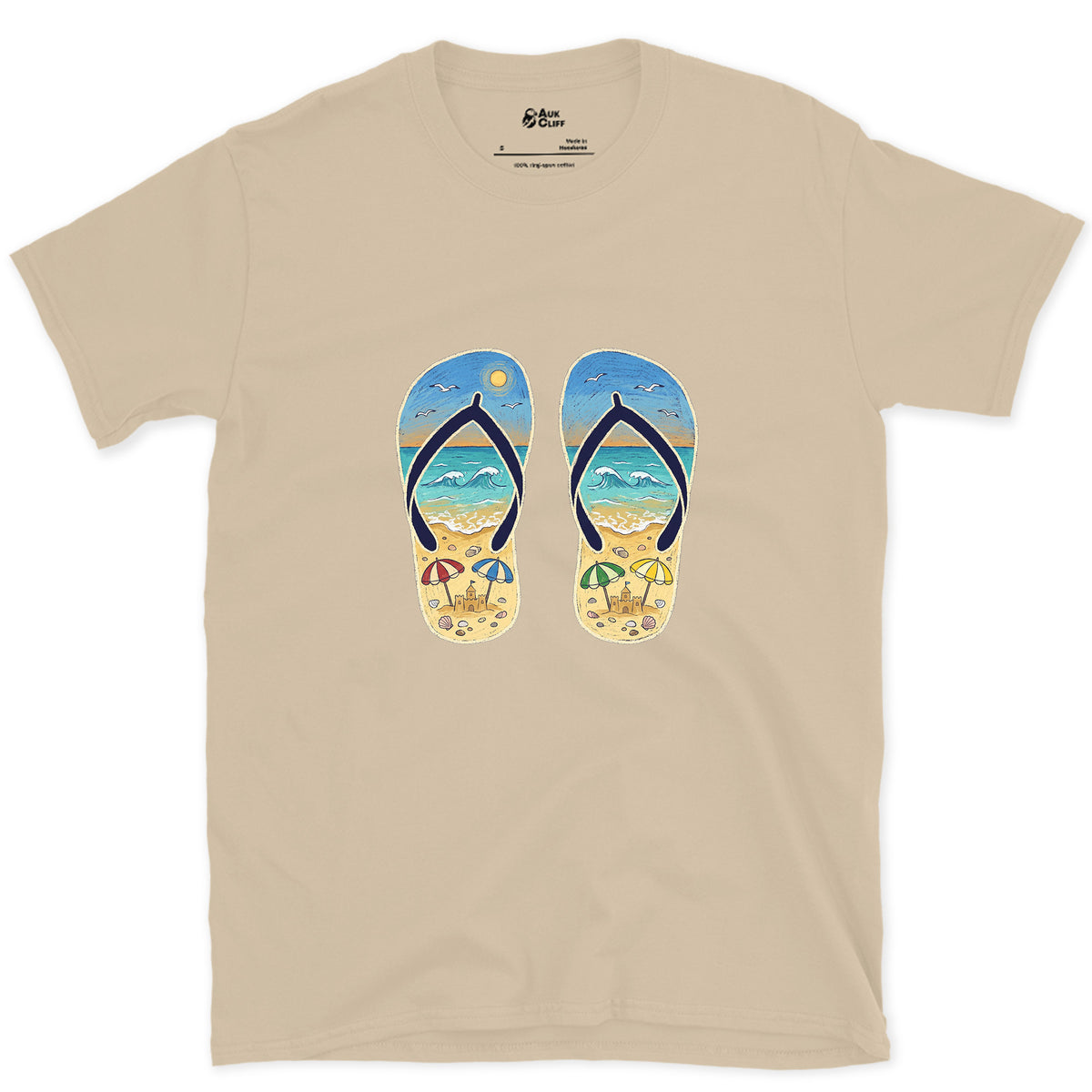 Two Soles, One Whole Beach design on a Sand Gildan Softstyle t-shirt