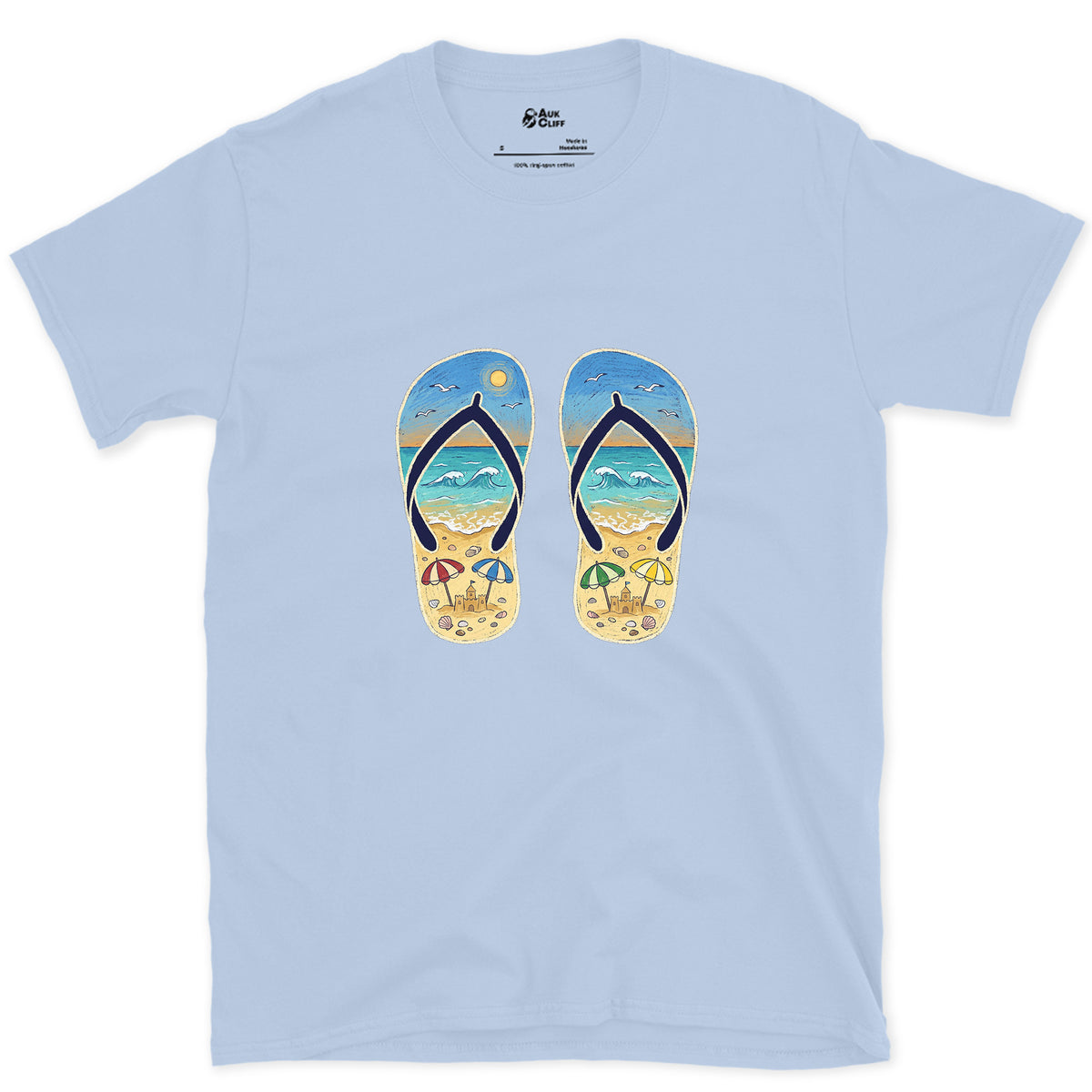 Two Soles, One Whole Beach design on a Light Blue Gildan Softstyle t-shirt
