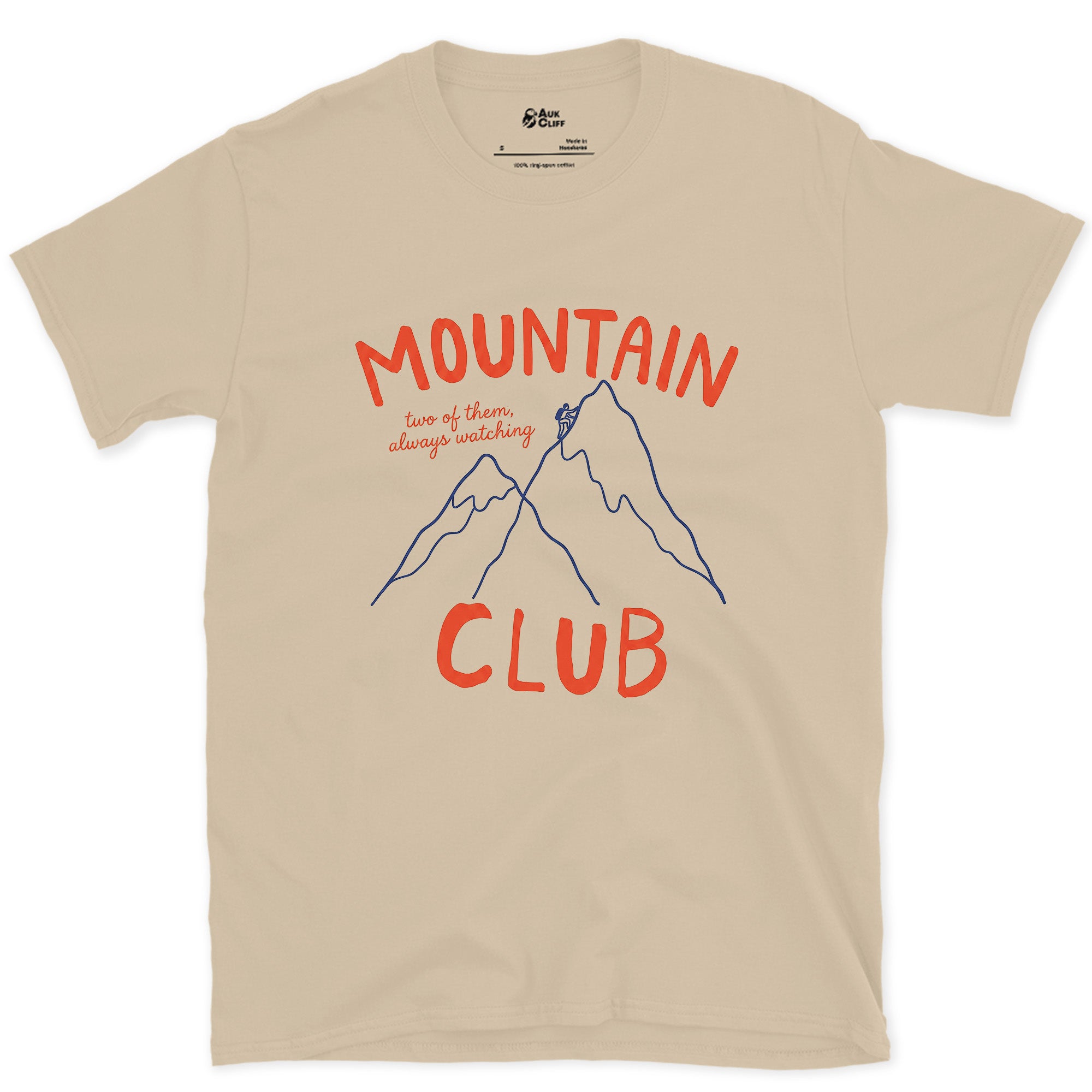 Two of Them Always Watching, Crossed Peaks design on a Sand Gildan Softstyle t-shirt