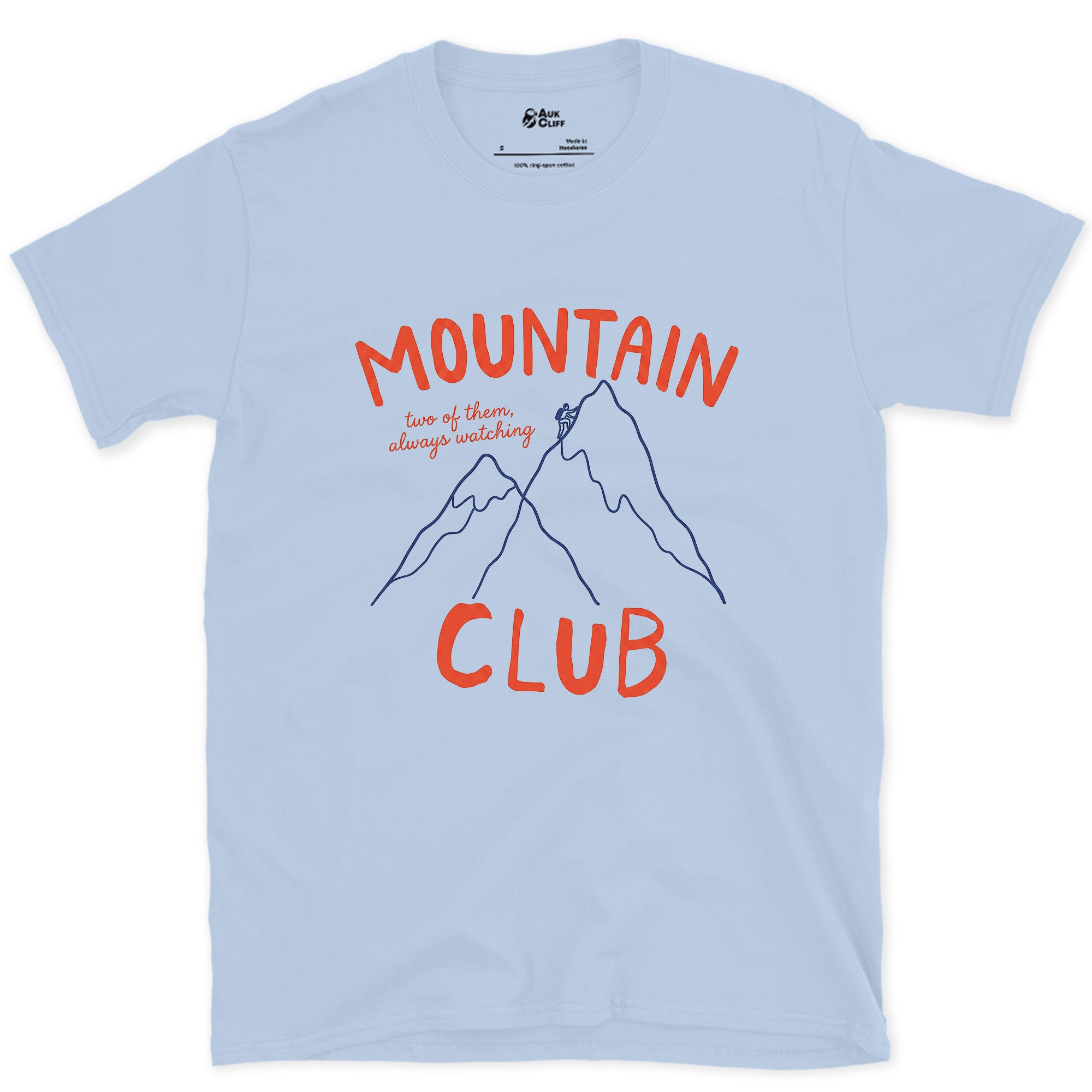 Two of Them Always Watching, Crossed Peaks design on a Light Blue Gildan Softstyle t-shirt