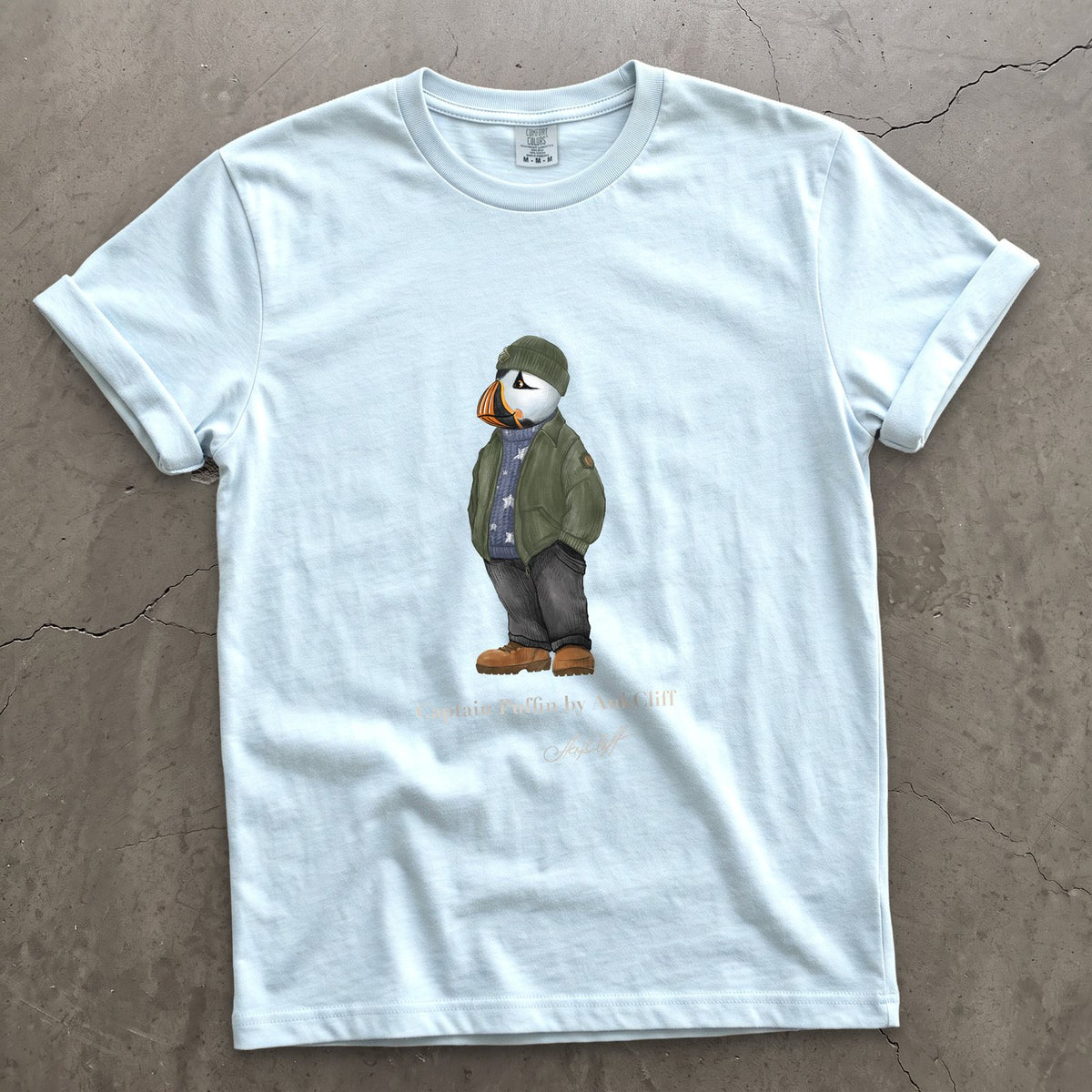 Captain Puffin American Trailkeeper on a Chambray Comfort Colors t-shirt