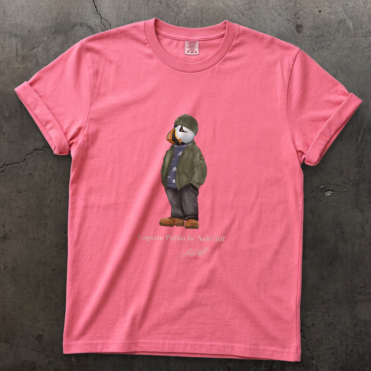 Captain Puffin American Trailkeeper on a Crunchberry Comfort Colors t-shirt