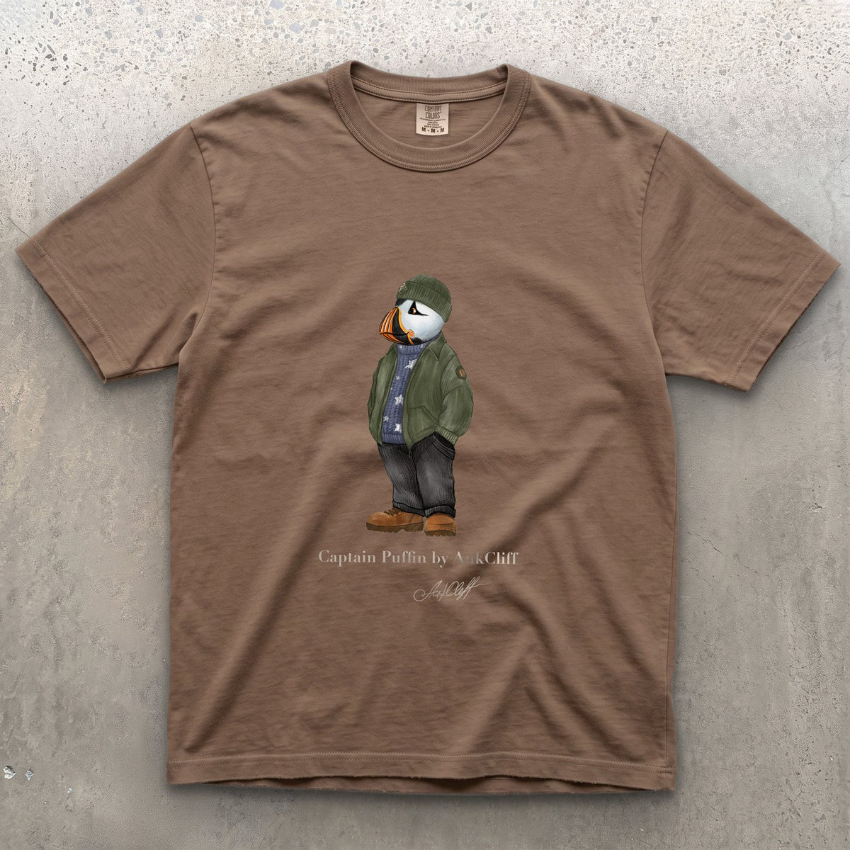 Captain Puffin American Trailkeeper on a Espresso Comfort Colors t-shirt