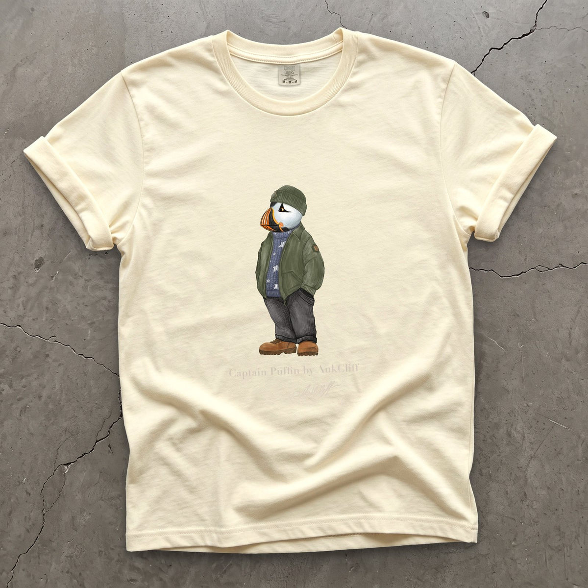 Captain Puffin American Trailkeeper on a Ivory Comfort Colors t-shirt