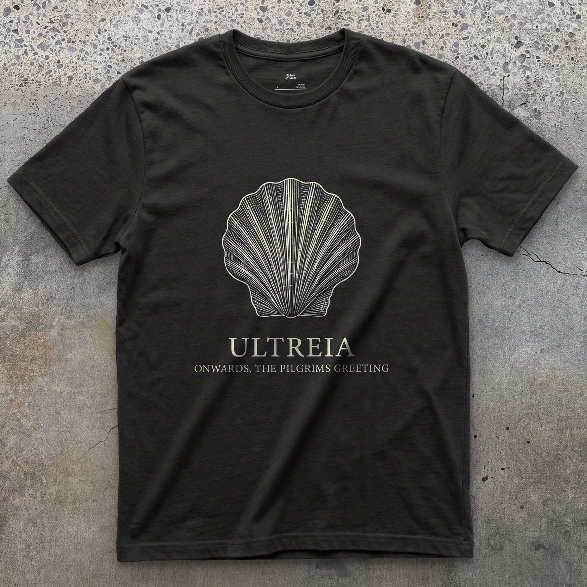 Ultreia, Onwards, the Pilgrim's Greeting design on a Black Gildan Softstyle t-shirt