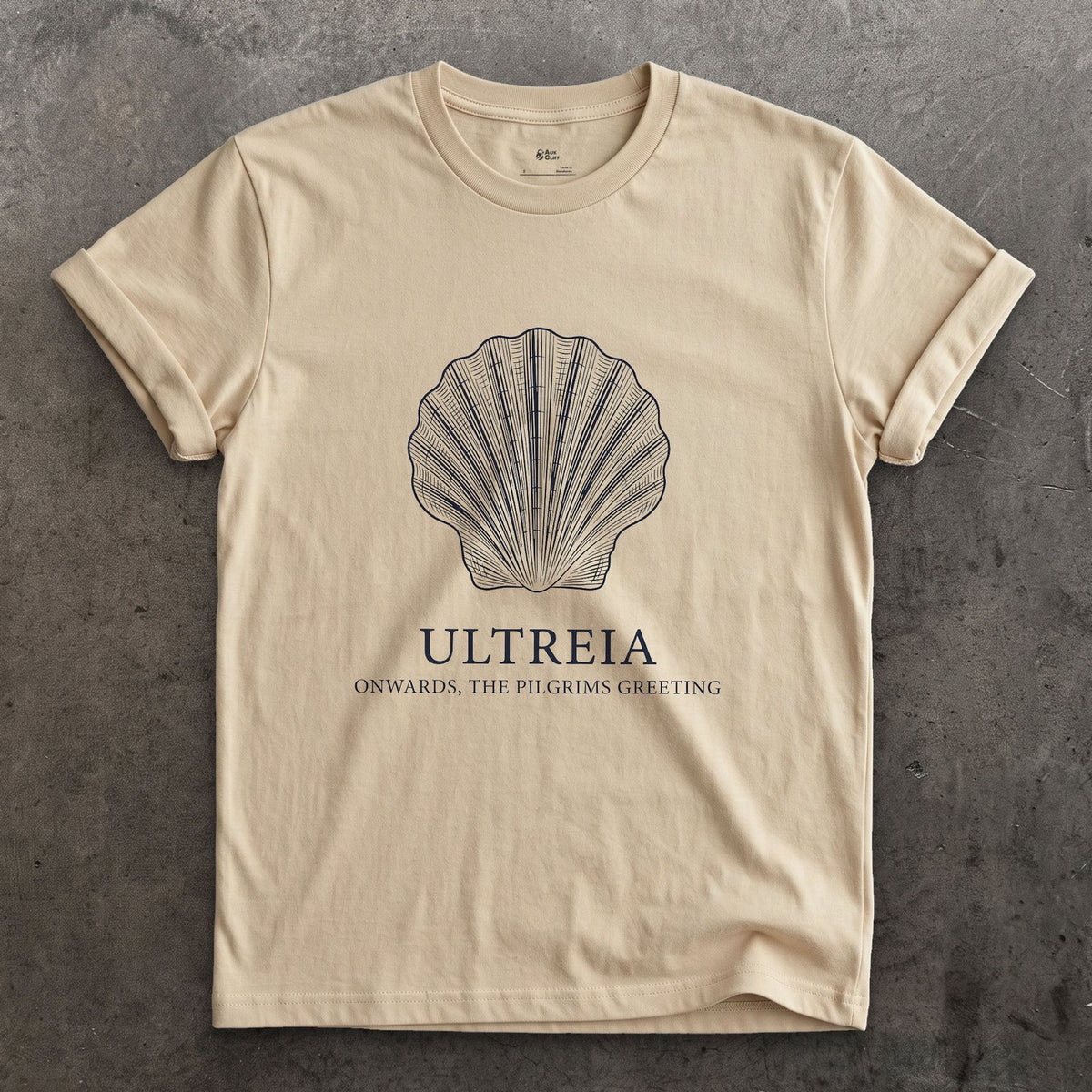 Ultreia, Onwards, the Pilgrim's Greeting design on a Sand Gildan Softstyle t-shirt