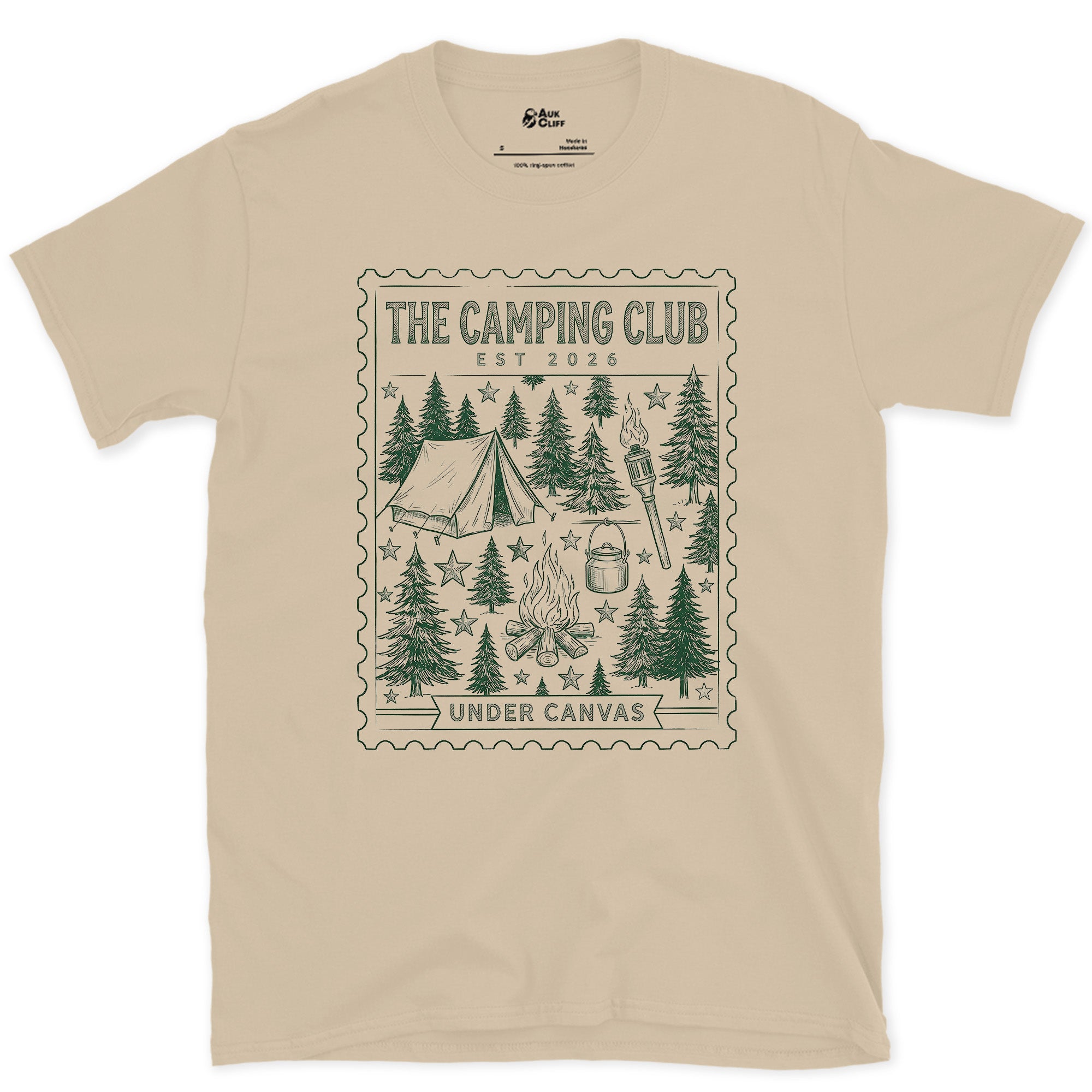 Under Canvas, Lantern and Tent design on a Sand Gildan Softstyle t-shirt