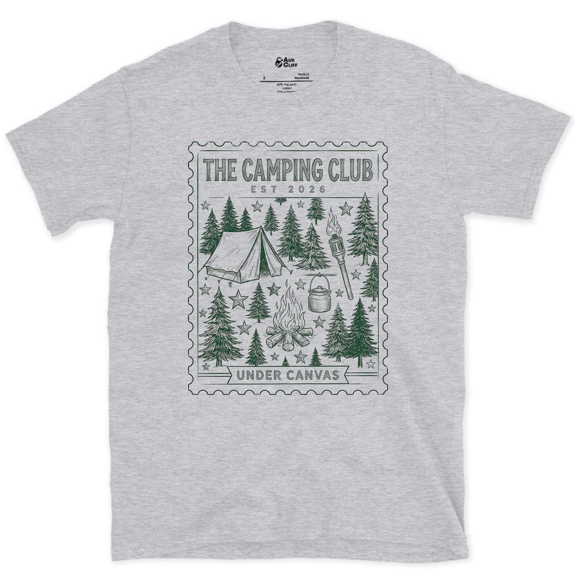Under Canvas, Lantern and Tent design on a Sport Grey Gildan Softstyle t-shirt