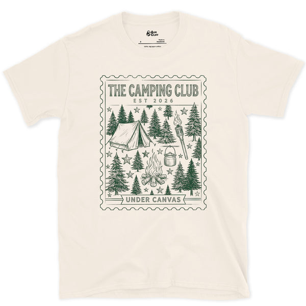 Under Canvas, Lantern and Tent design on a Natural Gildan Softstyle t-shirt
