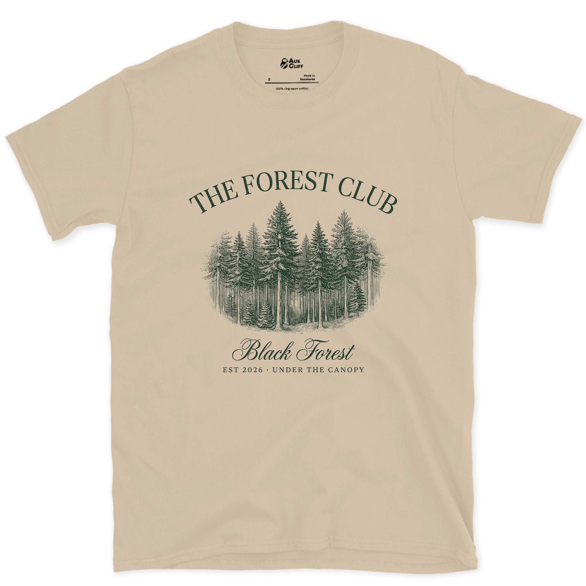 The Forest Club Black Forest Badge design on a Sand Gildan Softstyle t-shirt