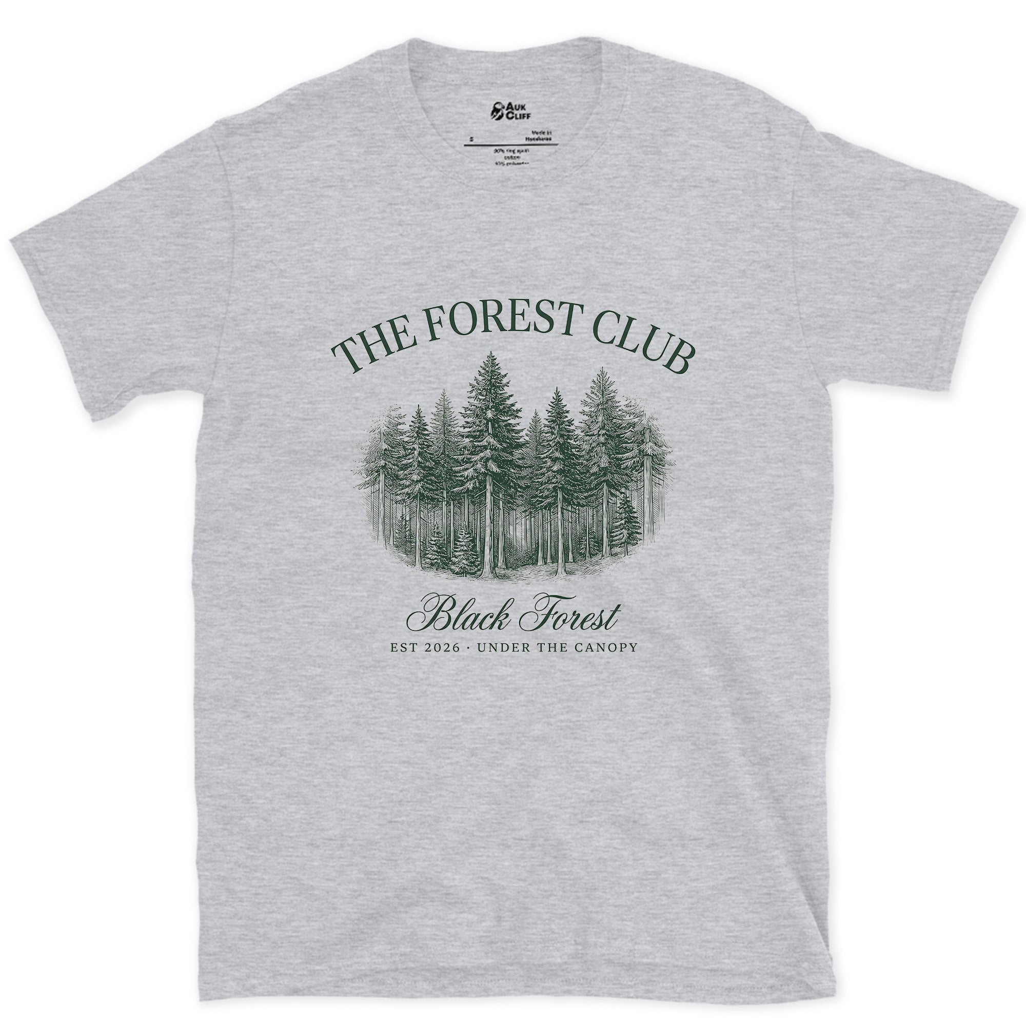 The Forest Club Black Forest Badge design on a Sport Grey Gildan Softstyle t-shirt