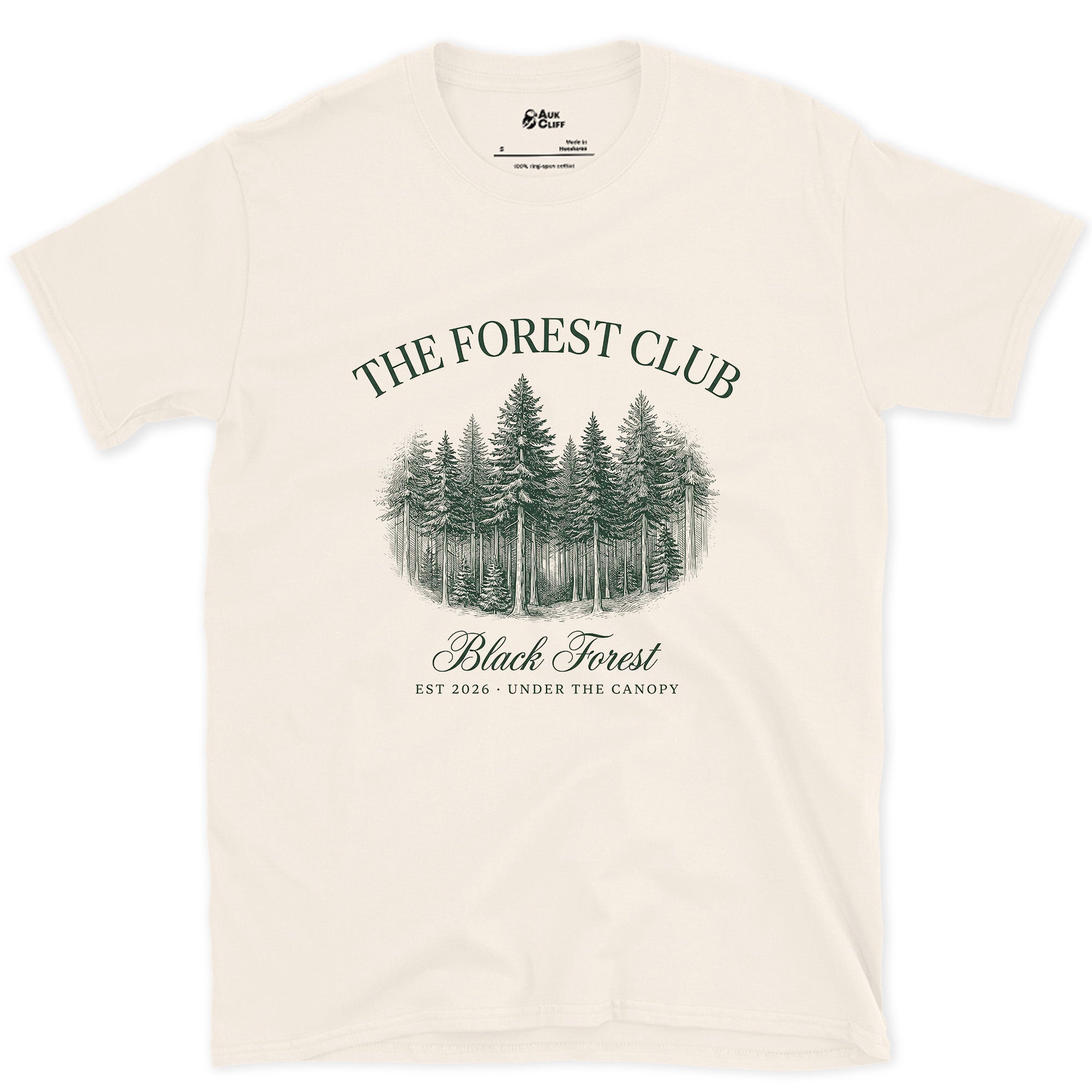 The Forest Club Black Forest Badge design on a Natural Gildan Softstyle t-shirt