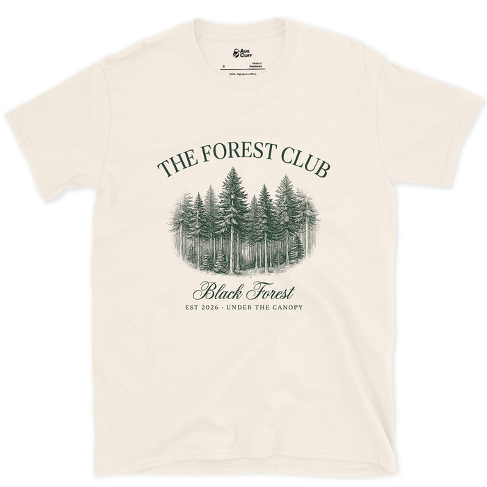 The Forest Club Black Forest Badge design on a Natural Gildan Softstyle t-shirt