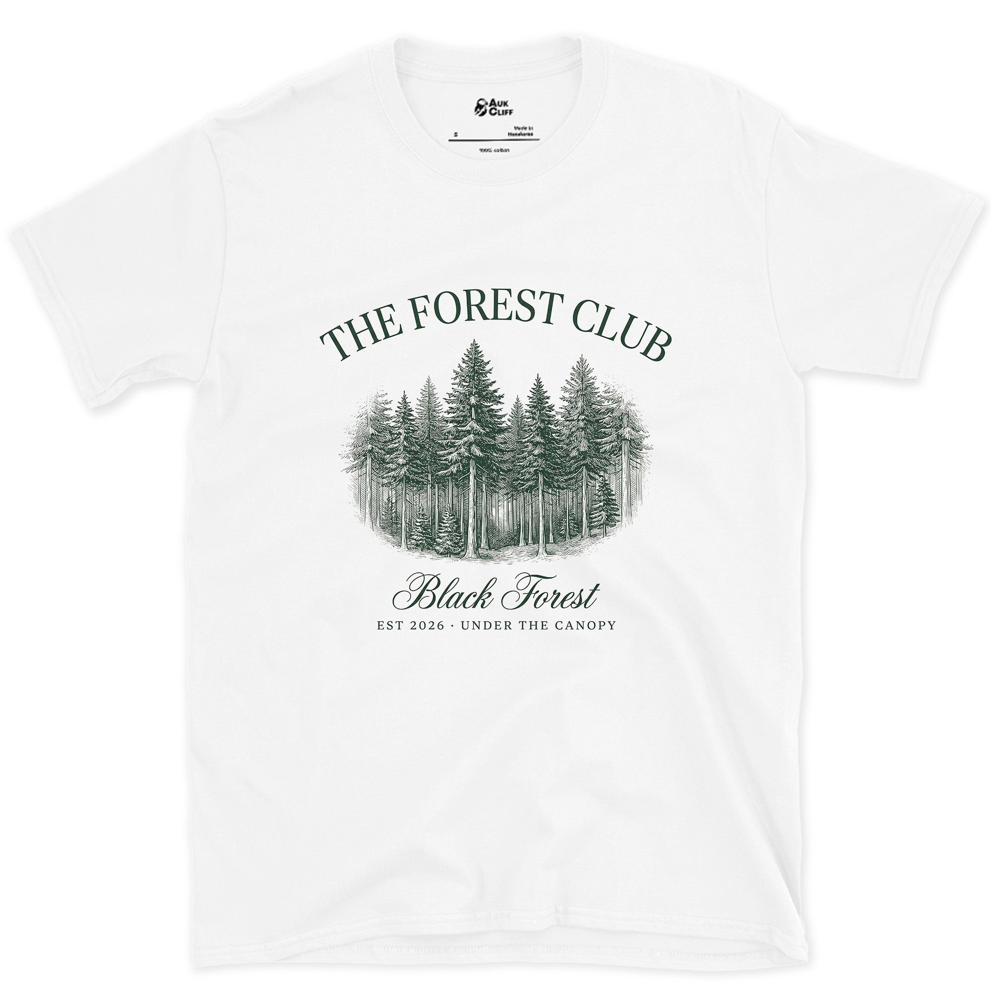 The Forest Club Black Forest Badge design on a White Gildan Softstyle t-shirt