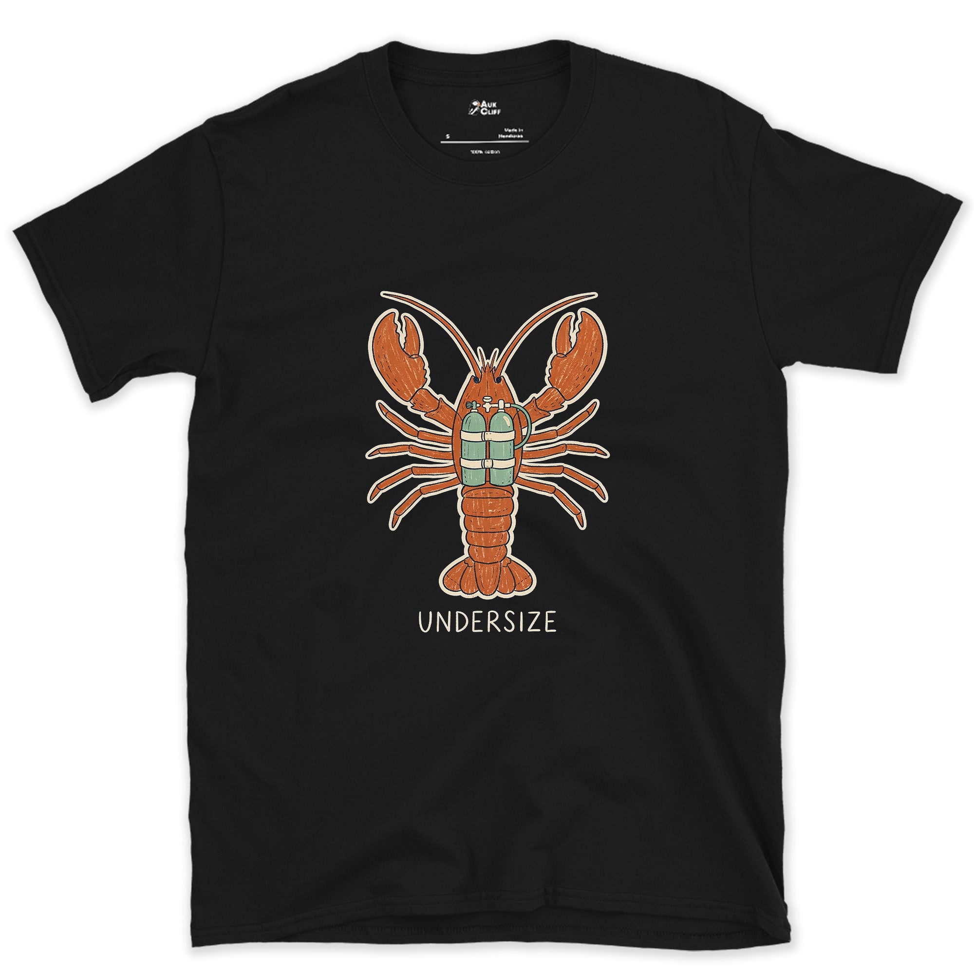 Undersize Lobster in Scuba Gear design on a Black Gildan Softstyle t-shirt