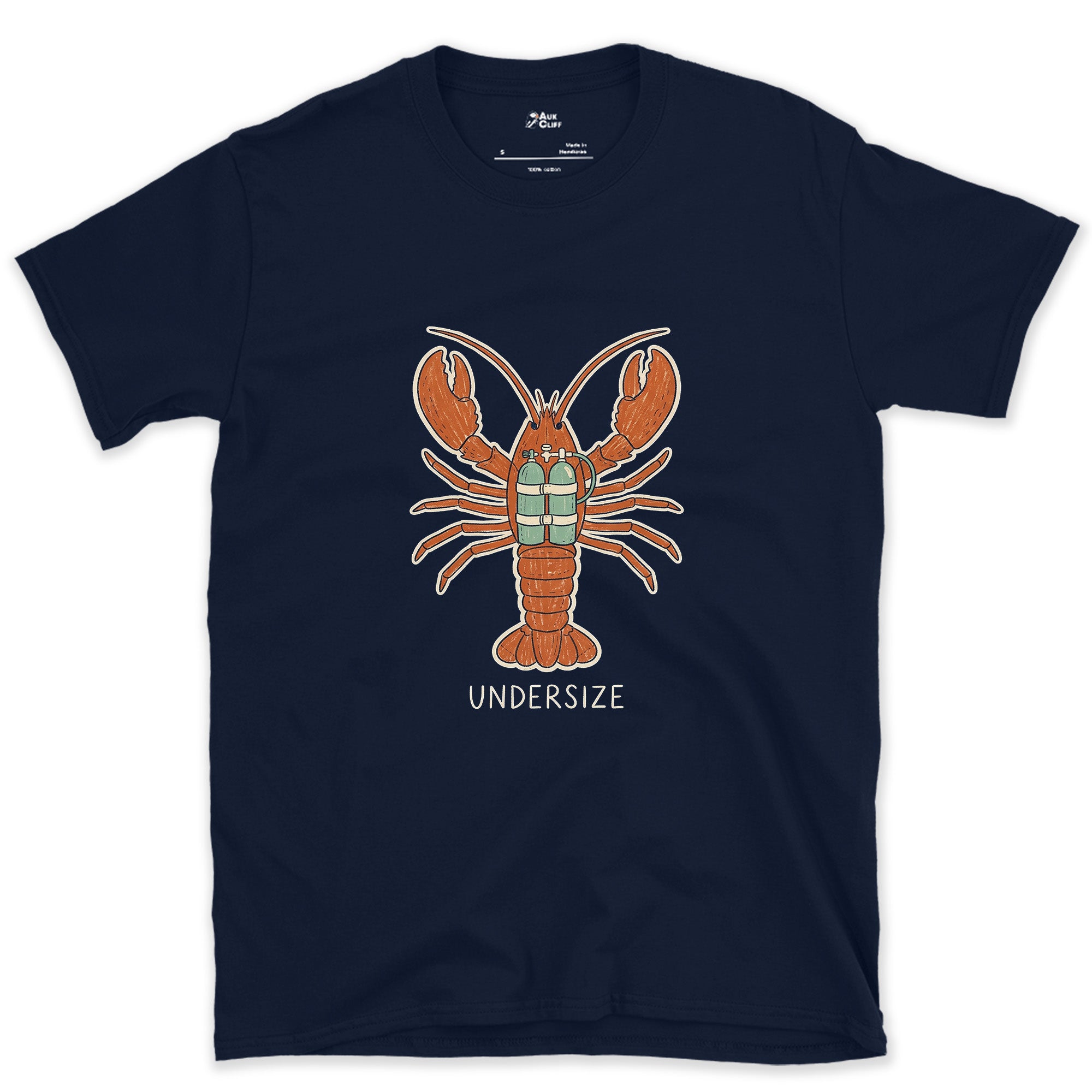 Undersize Lobster in Scuba Gear design on a Navy Gildan Softstyle t-shirt