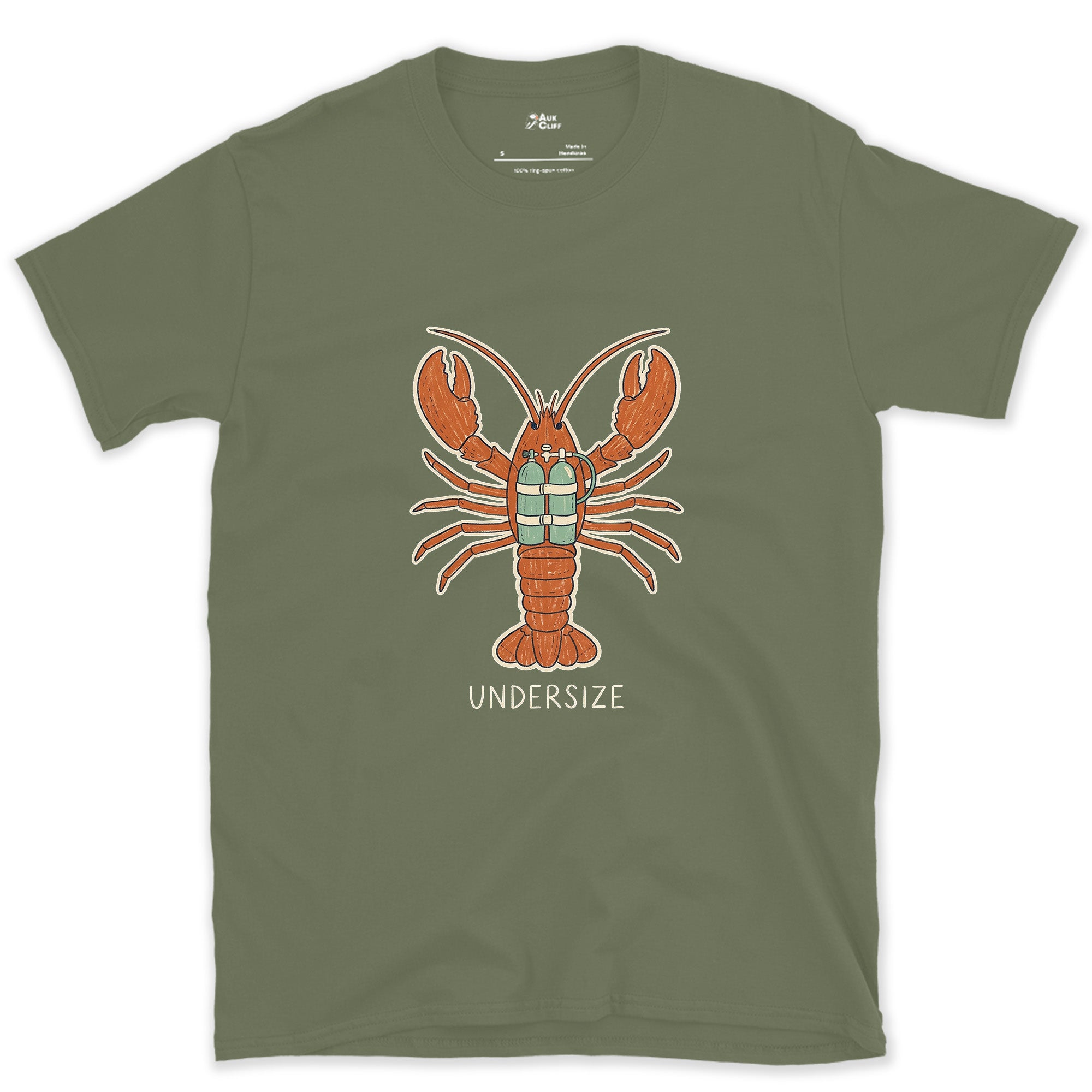 Undersize Lobster in Scuba Gear design on a Military Green Gildan Softstyle t-shirt
