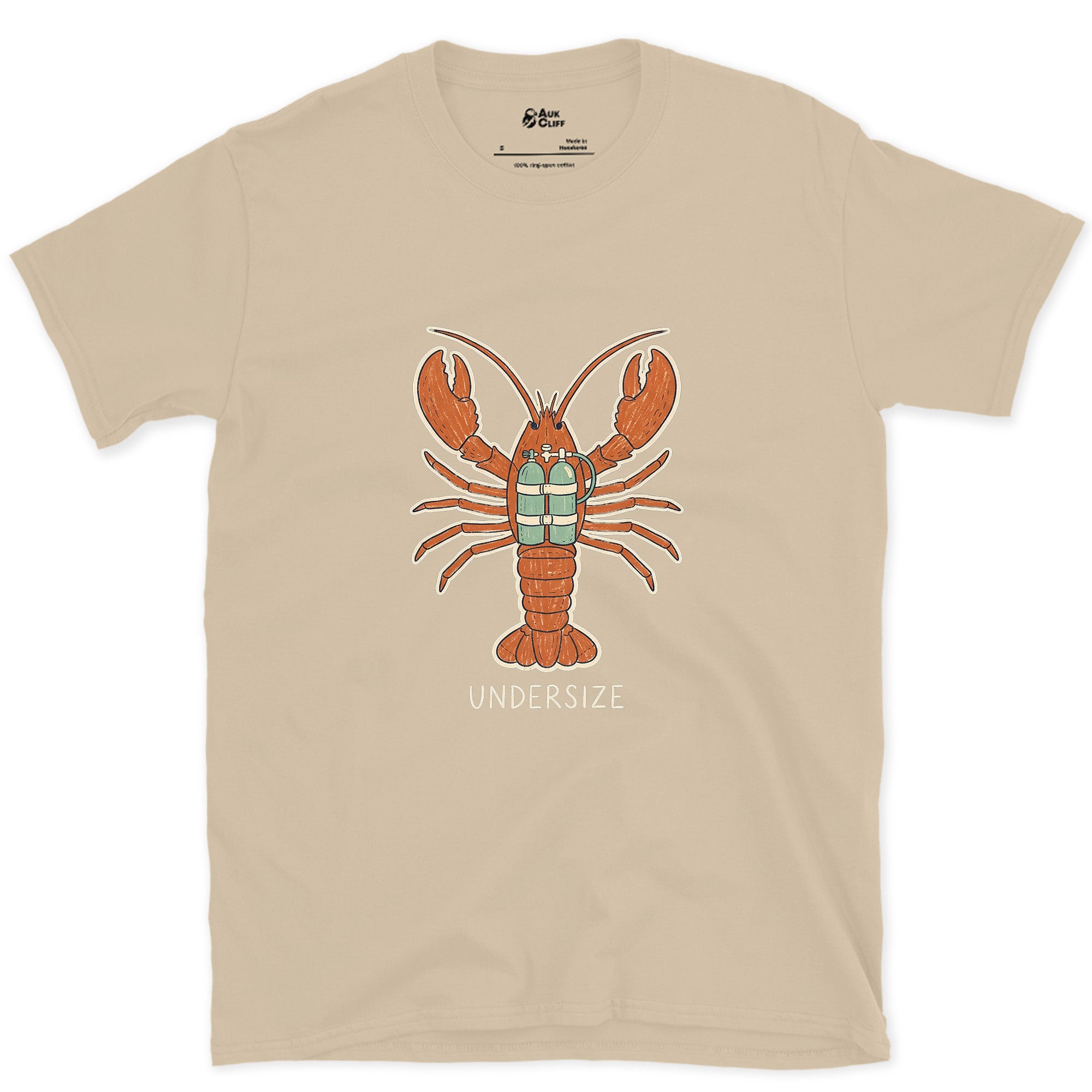 Undersize Lobster in Scuba Gear design on a Sand Gildan Softstyle t-shirt