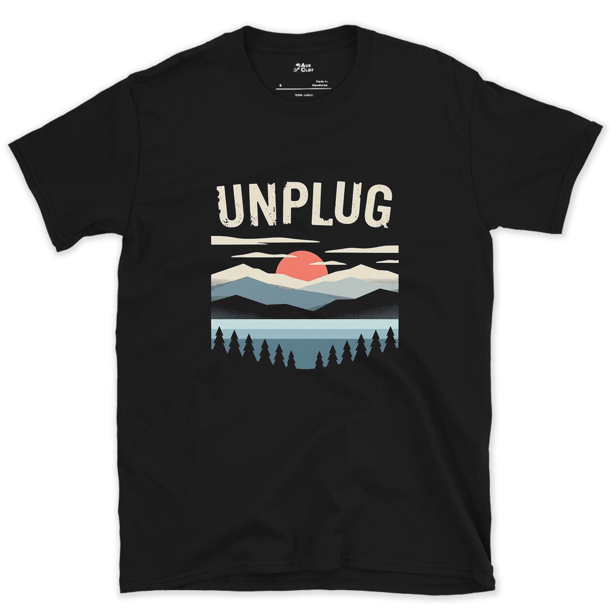 Unplug, Retro Mountains and Lake design on a Black Gildan Softstyle t-shirt