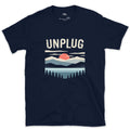 Unplug, Retro Mountains and Lake design on a Navy Gildan Softstyle t-shirt