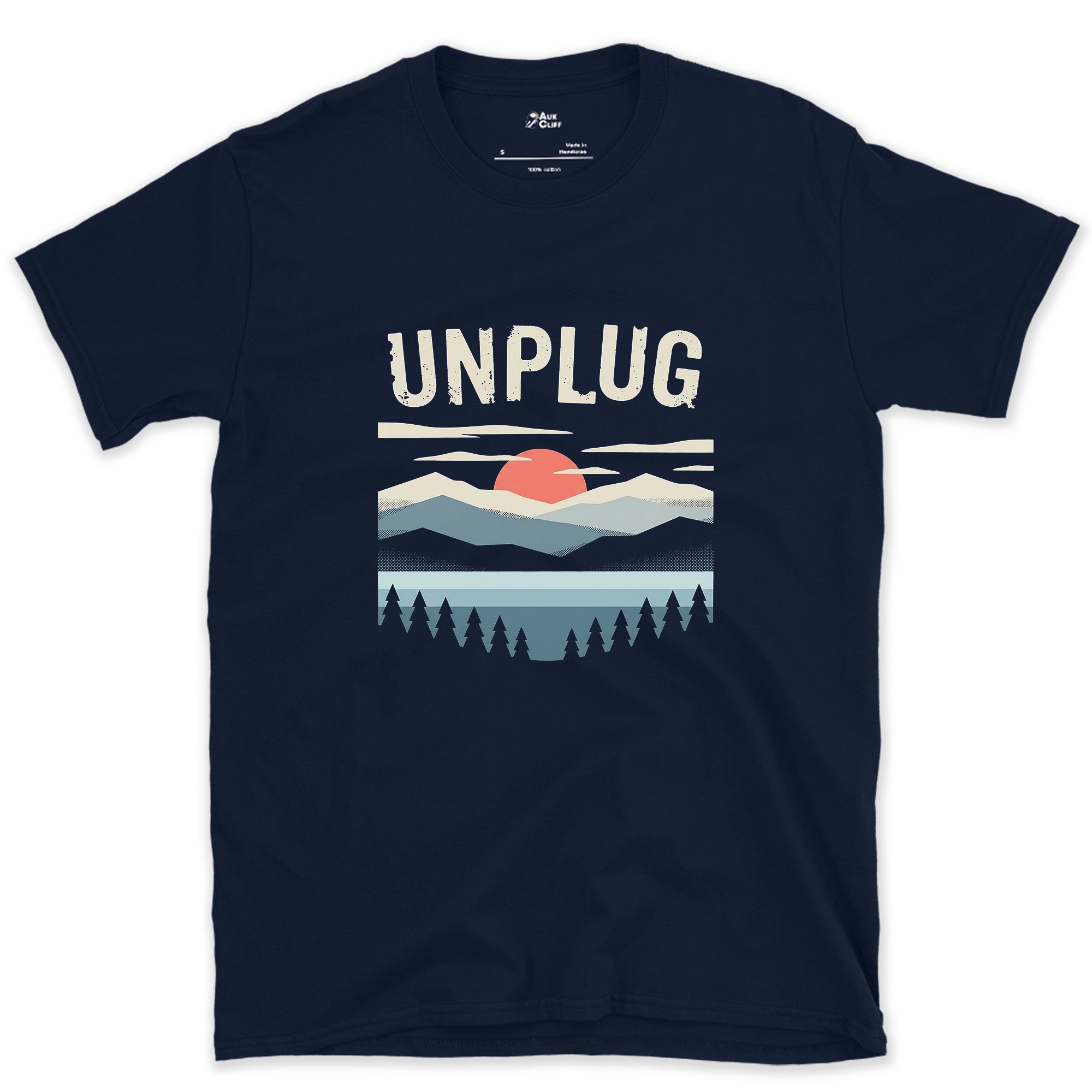 Unplug, Retro Mountains and Lake design on a Navy Gildan Softstyle t-shirt