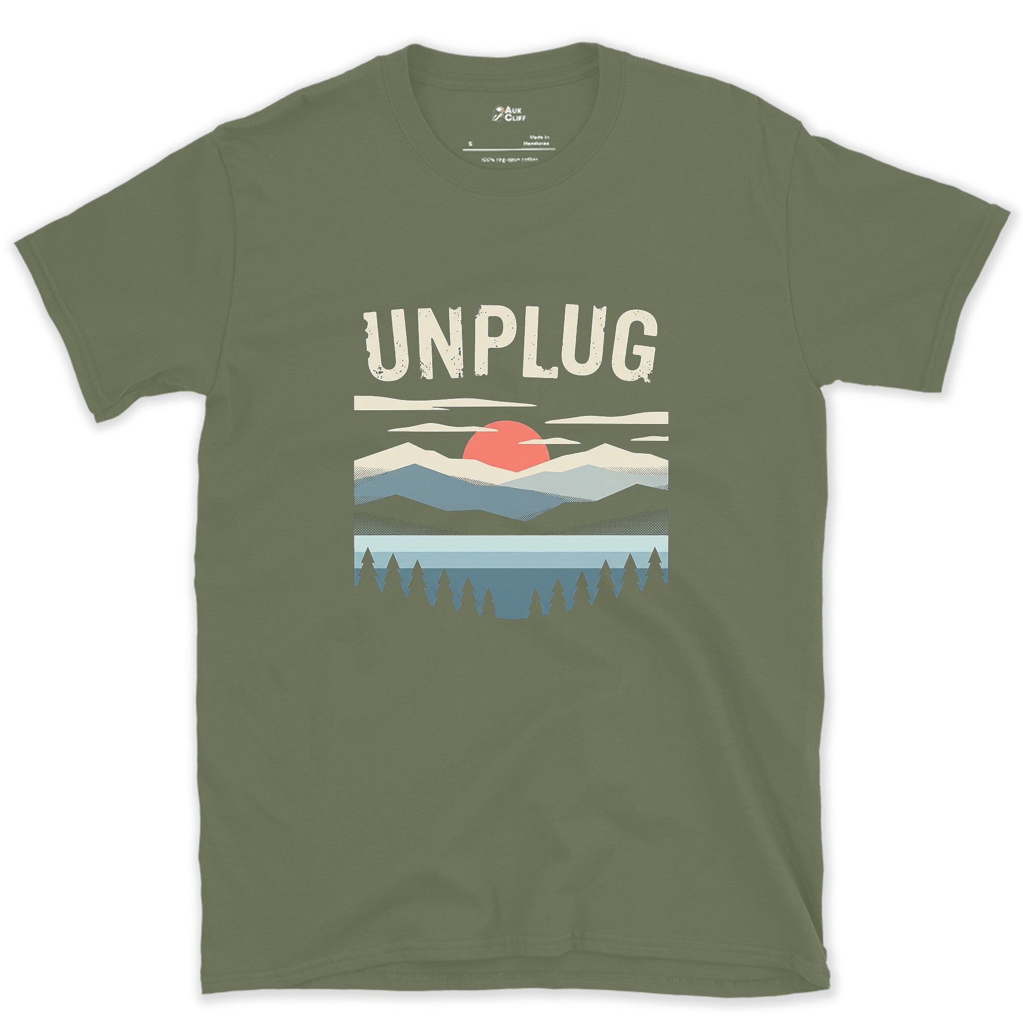 Unplug, Retro Mountains and Lake design on a Military Green Gildan Softstyle t-shirt