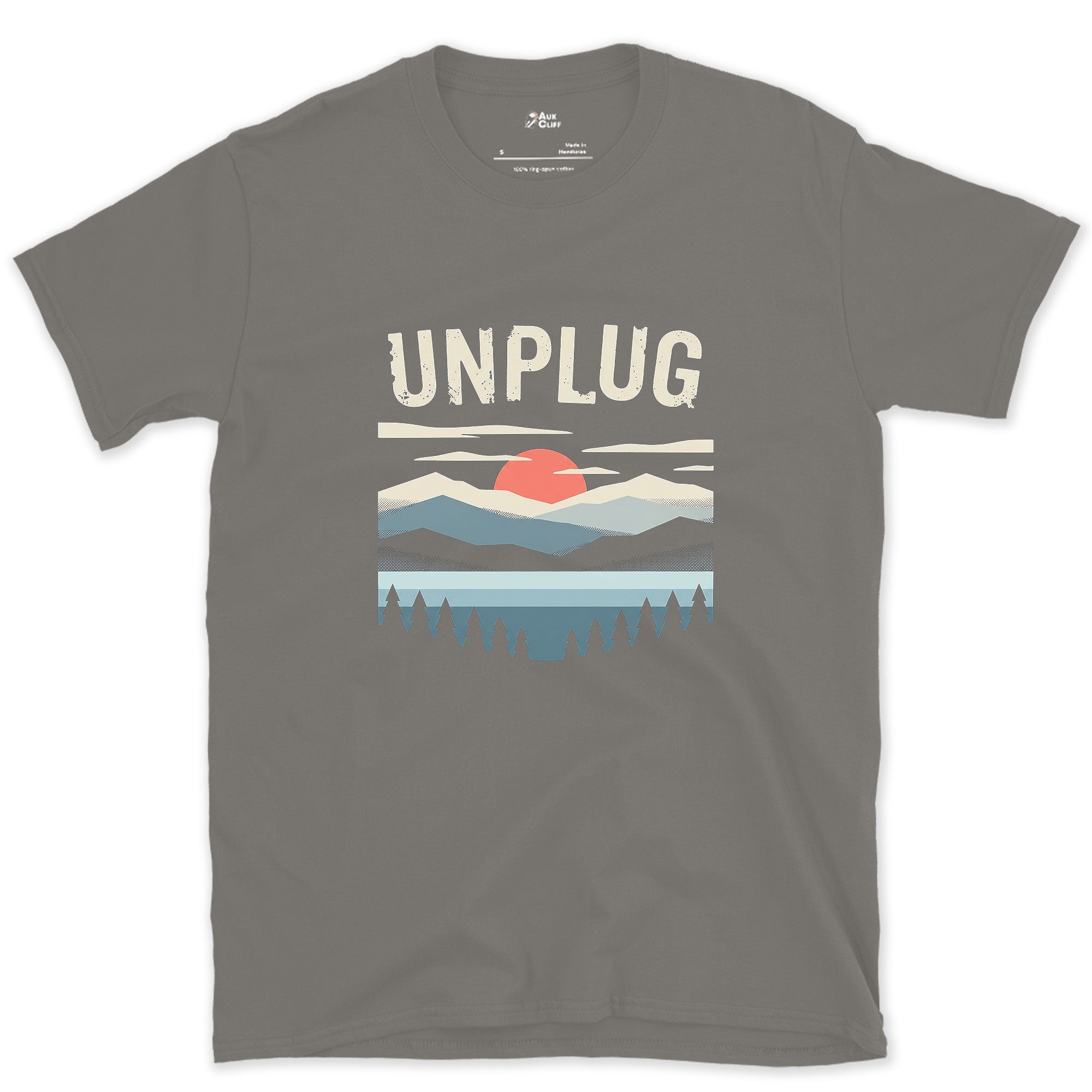 Unplug, Retro Mountains and Lake design on a Charcoal Gildan Softstyle t-shirt