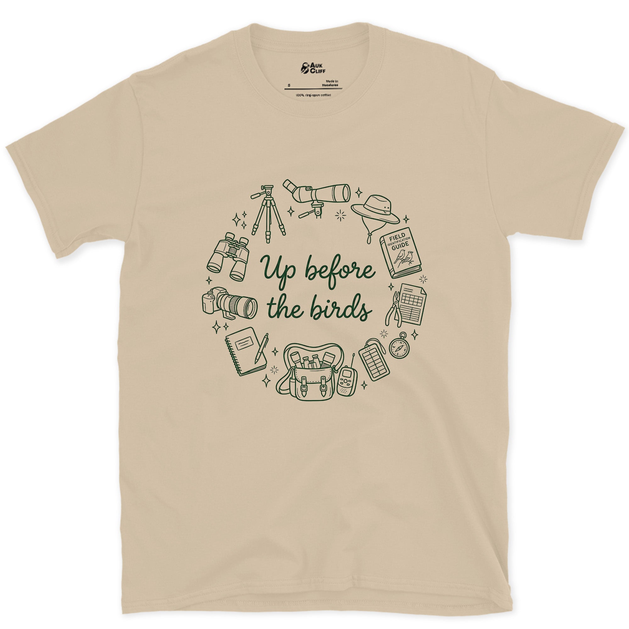 Up Before the Birds, Ringed in Gear design on a Sand Gildan Softstyle t-shirt