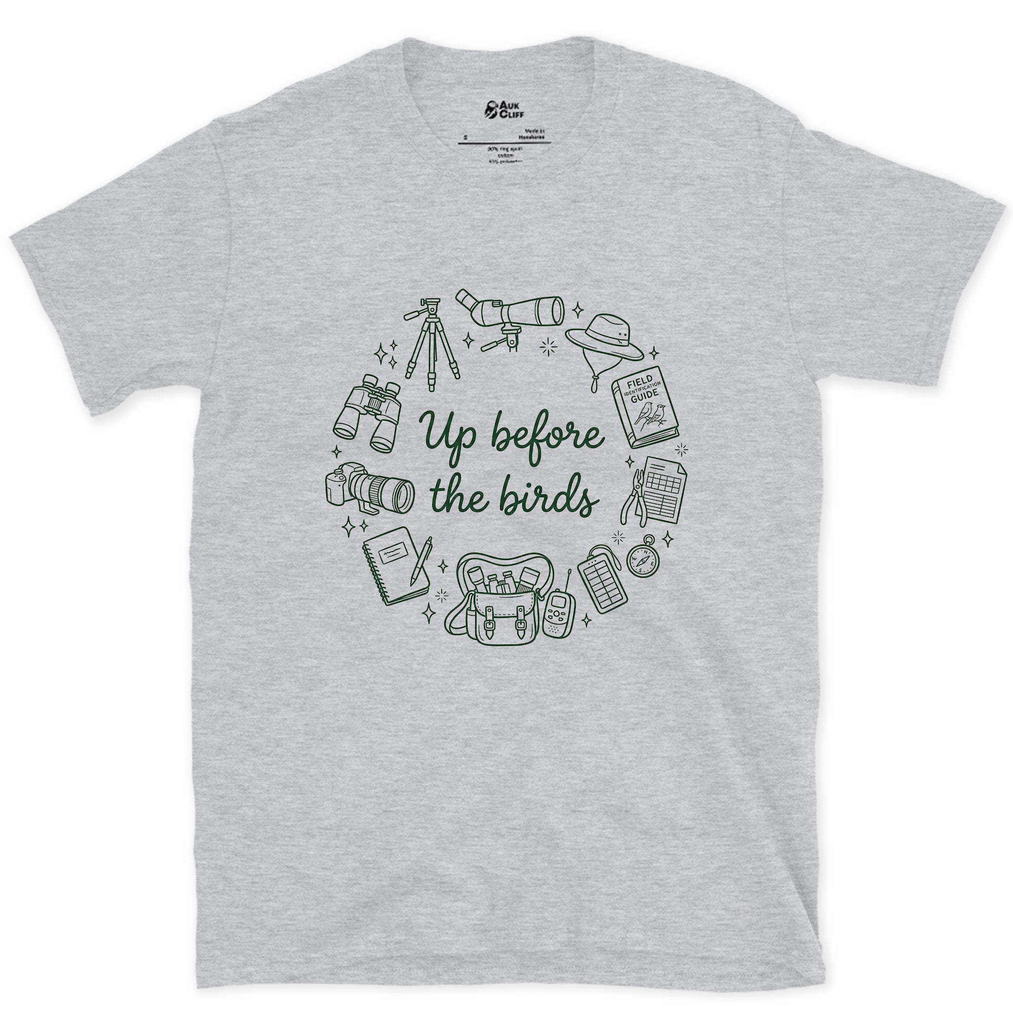 Up Before the Birds, Ringed in Gear design on a Sport Grey Gildan Softstyle t-shirt