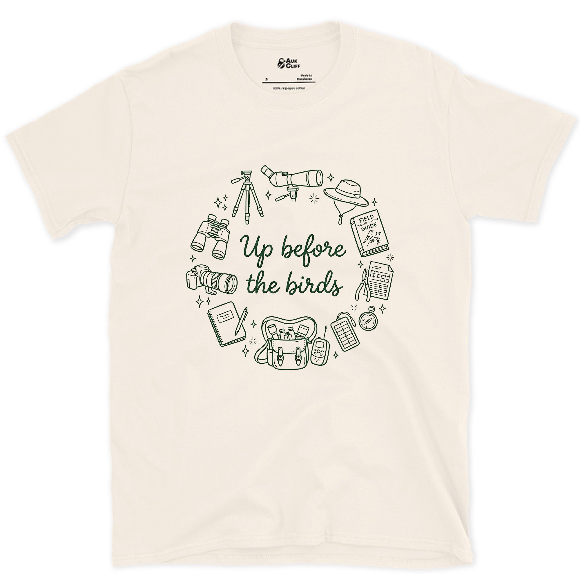 Up Before the Birds, Ringed in Gear design on a Natural Gildan Softstyle t-shirt