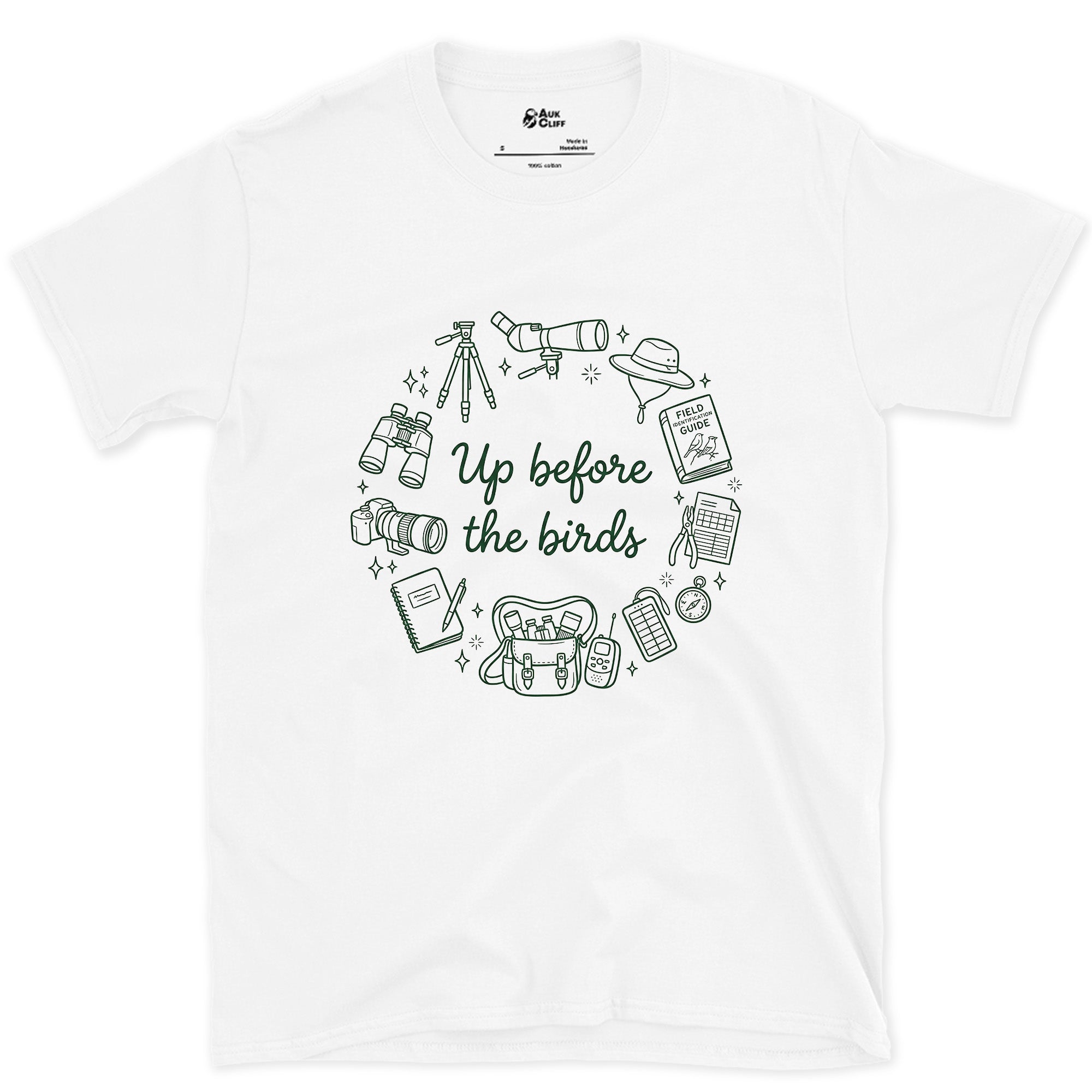 Up Before the Birds, Ringed in Gear design on a White Gildan Softstyle t-shirt