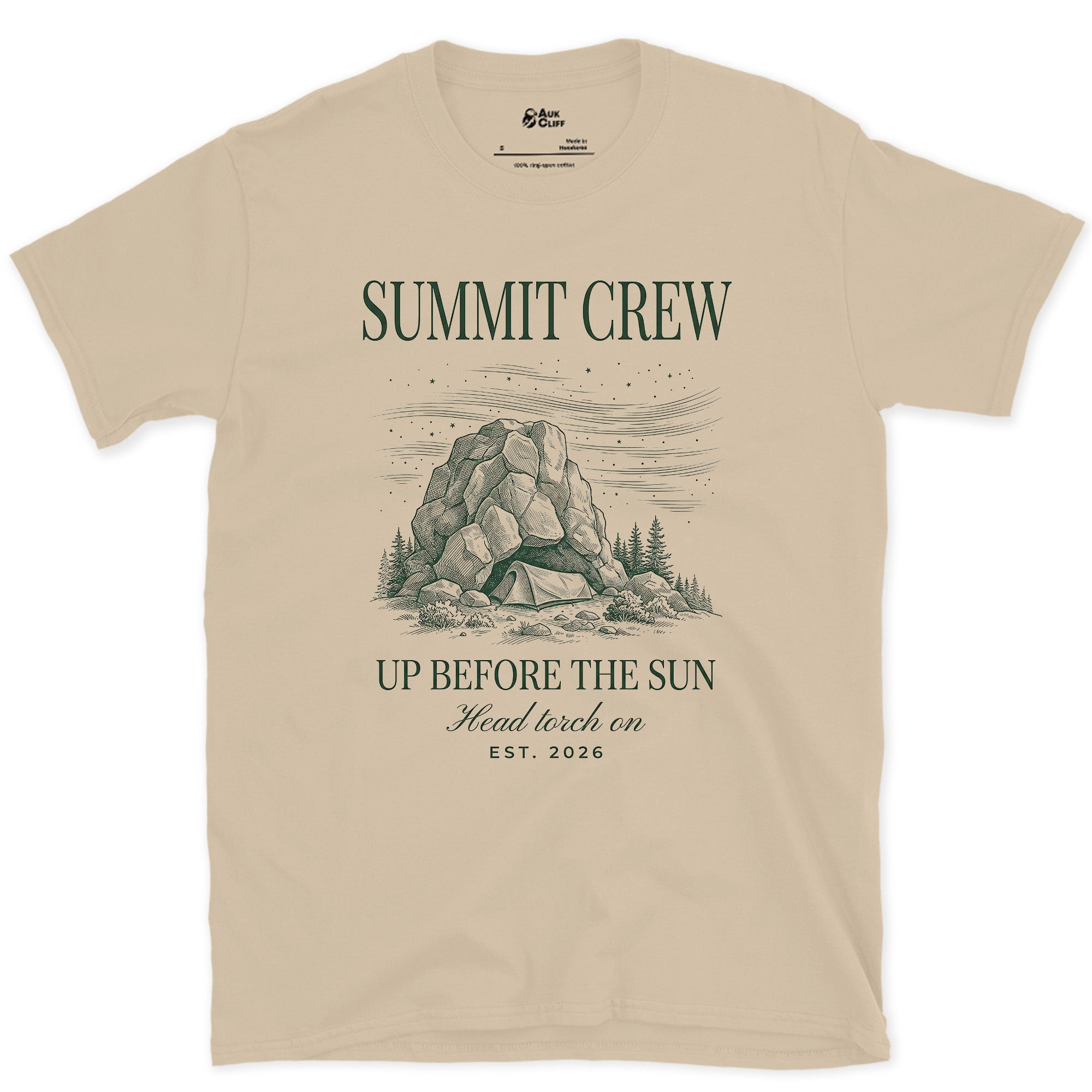 Summit Crew, Up Before the Sun, Head Torch On design on a Sand Gildan Softstyle t-shirt