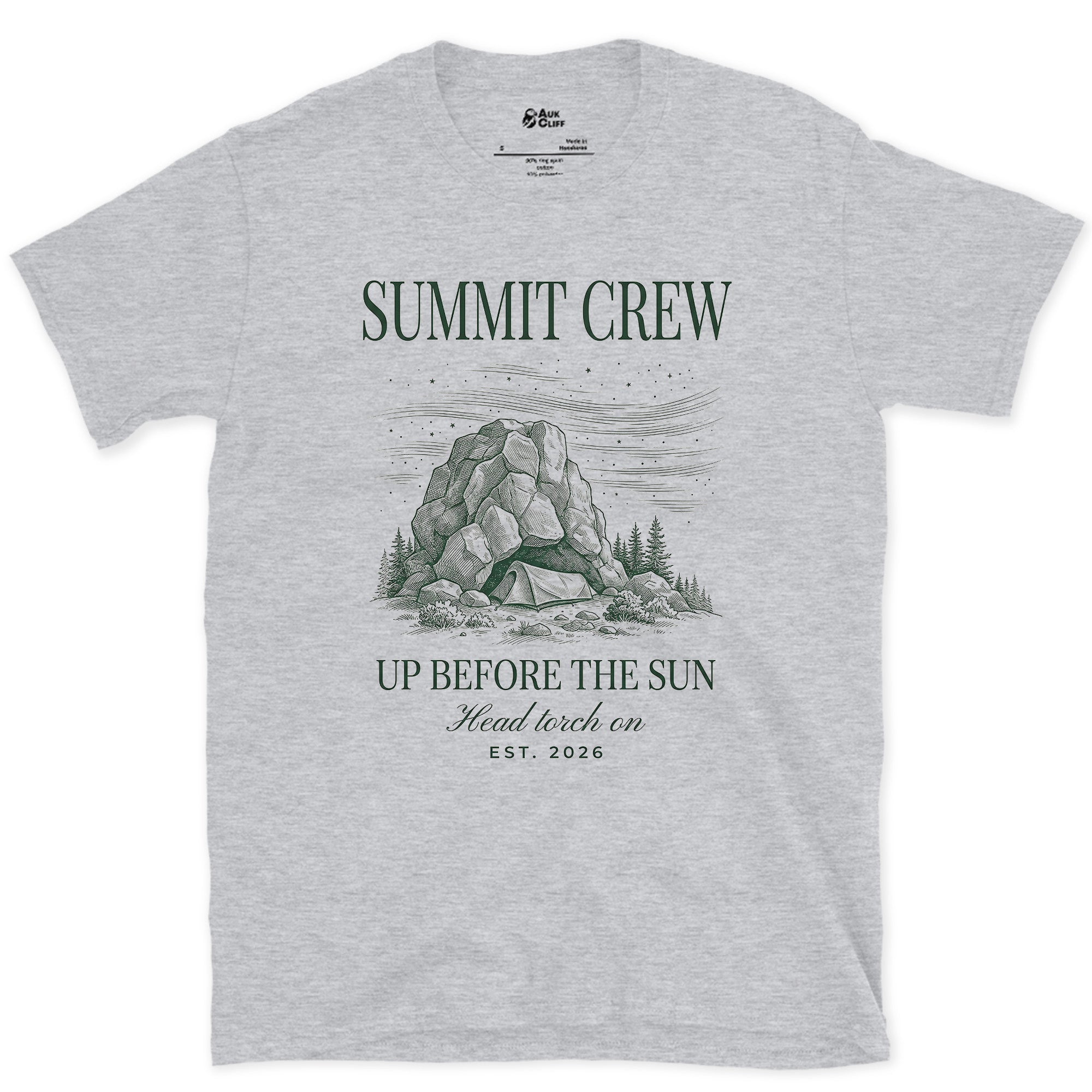 Summit Crew, Up Before the Sun, Head Torch On design on a Sport Grey Gildan Softstyle t-shirt