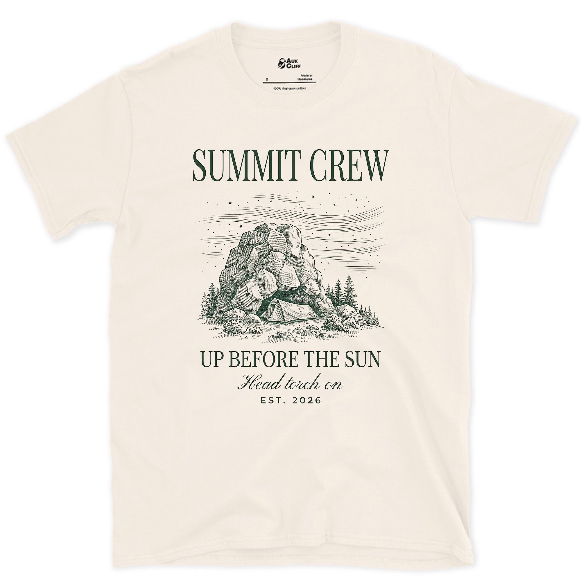 Summit Crew, Up Before the Sun, Head Torch On design on a Natural Gildan Softstyle t-shirt