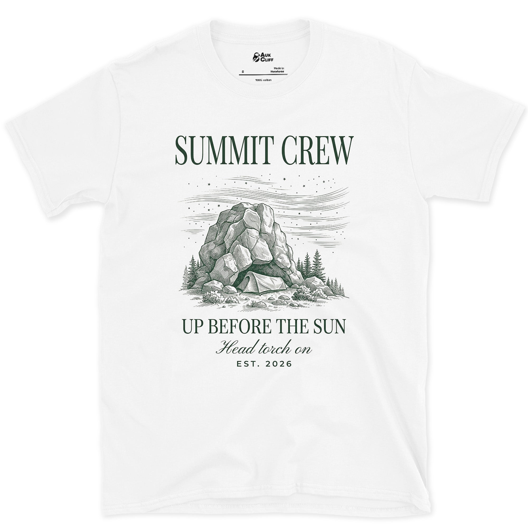 Summit Crew, Up Before the Sun, Head Torch On design on a White Gildan Softstyle t-shirt
