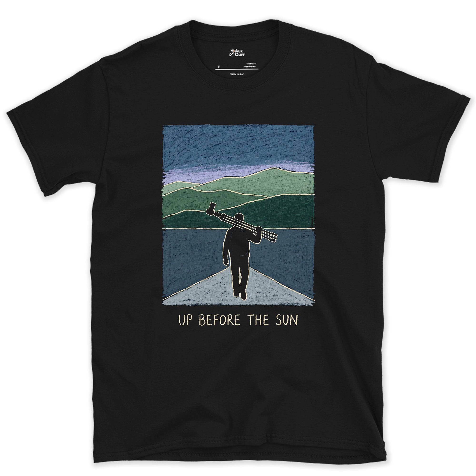 Up Before the Sun, Tripod Walk-In design on a Black Gildan Softstyle t-shirt