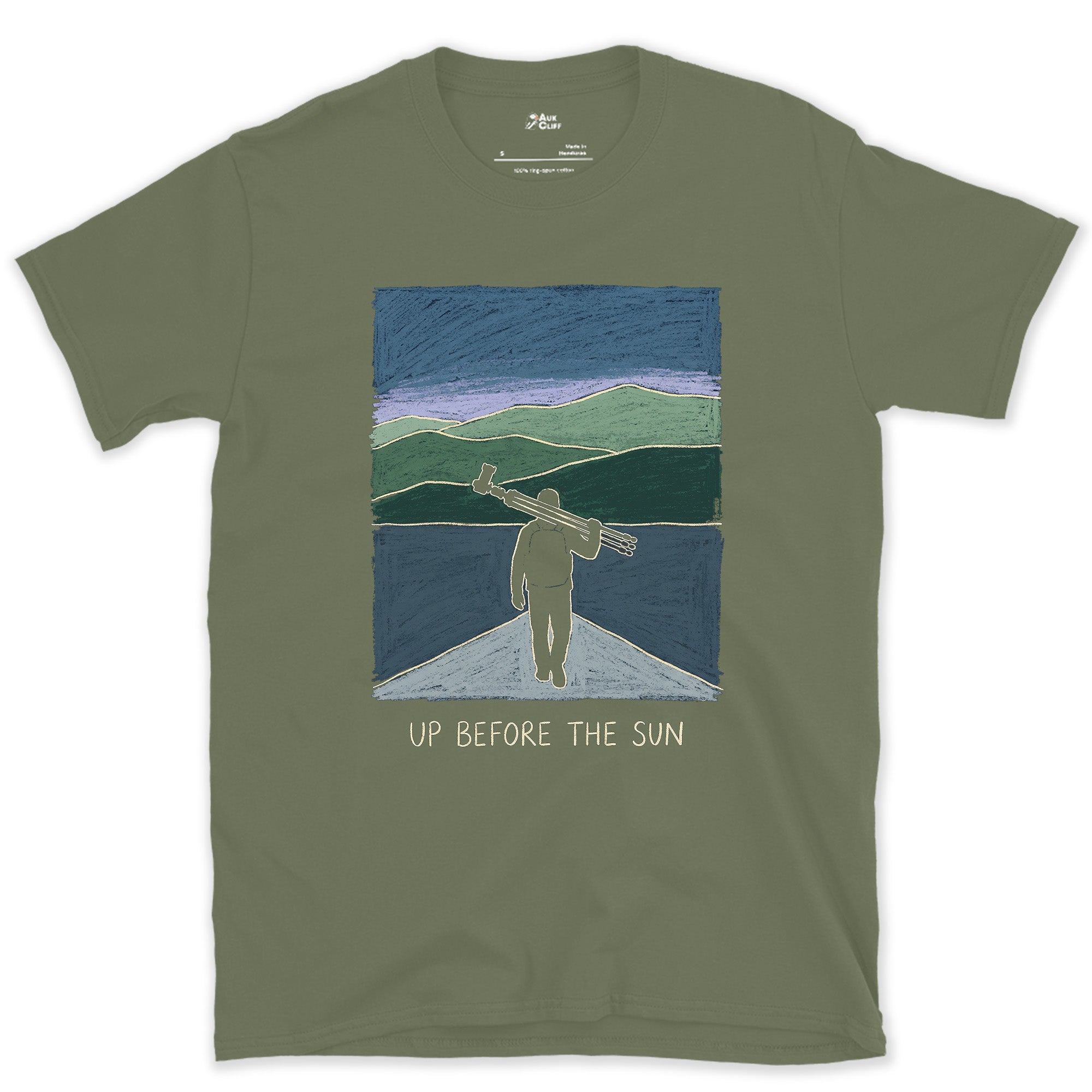 Up Before the Sun, Tripod Walk-In design on a Military Green Gildan Softstyle t-shirt