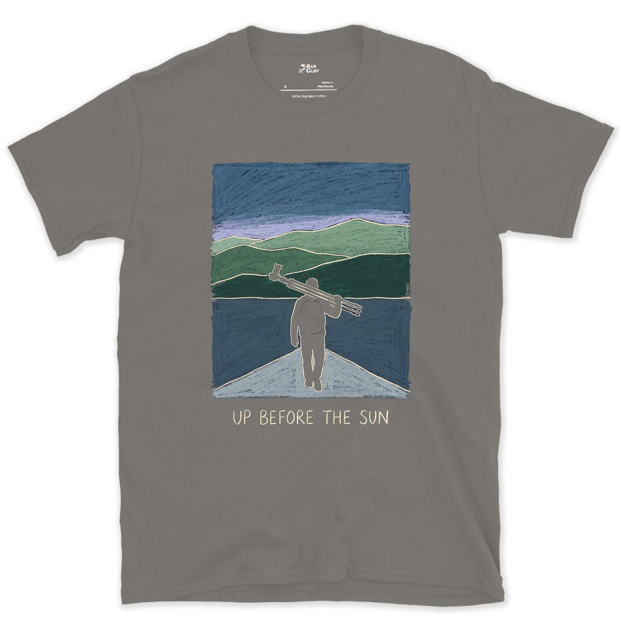 Up Before the Sun, Tripod Walk-In design on a Charcoal Gildan Softstyle t-shirt