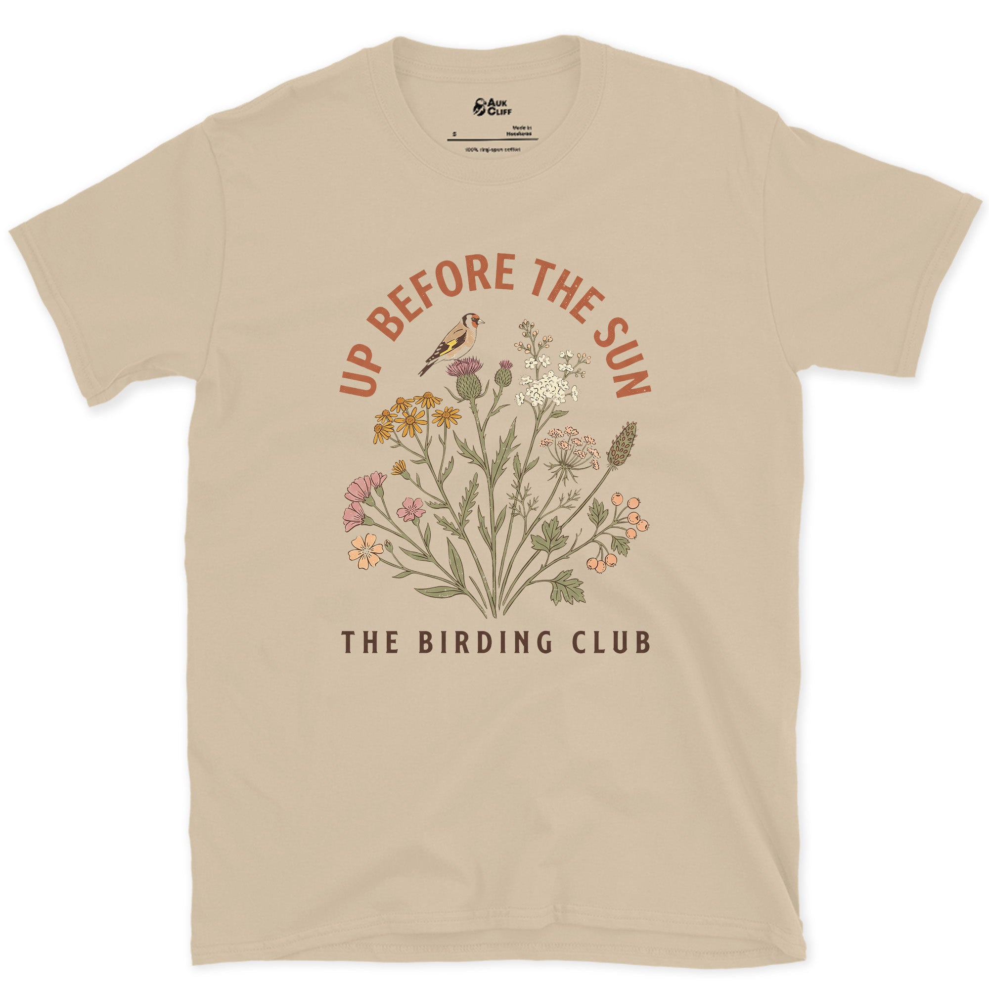 Up Before the Sun, The Birding Club design on a Sand Gildan Softstyle t-shirt