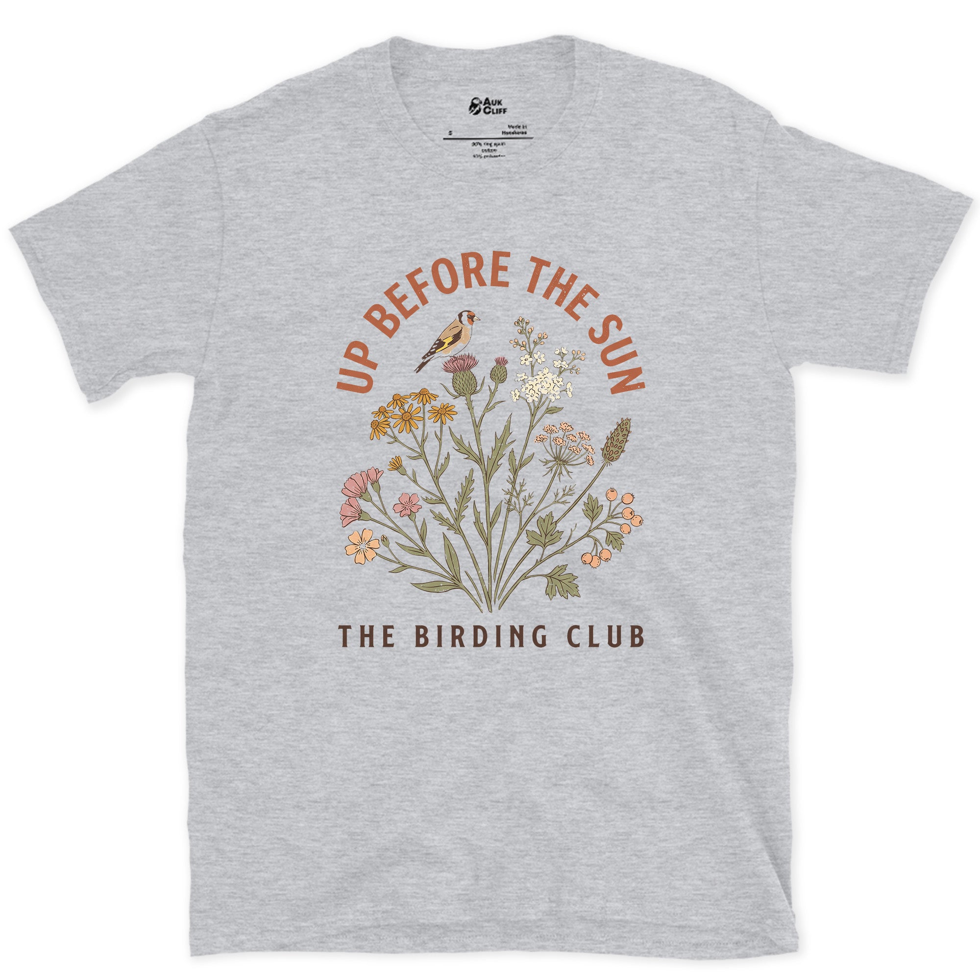 Up Before the Sun, The Birding Club design on a Sport Grey Gildan Softstyle t-shirt