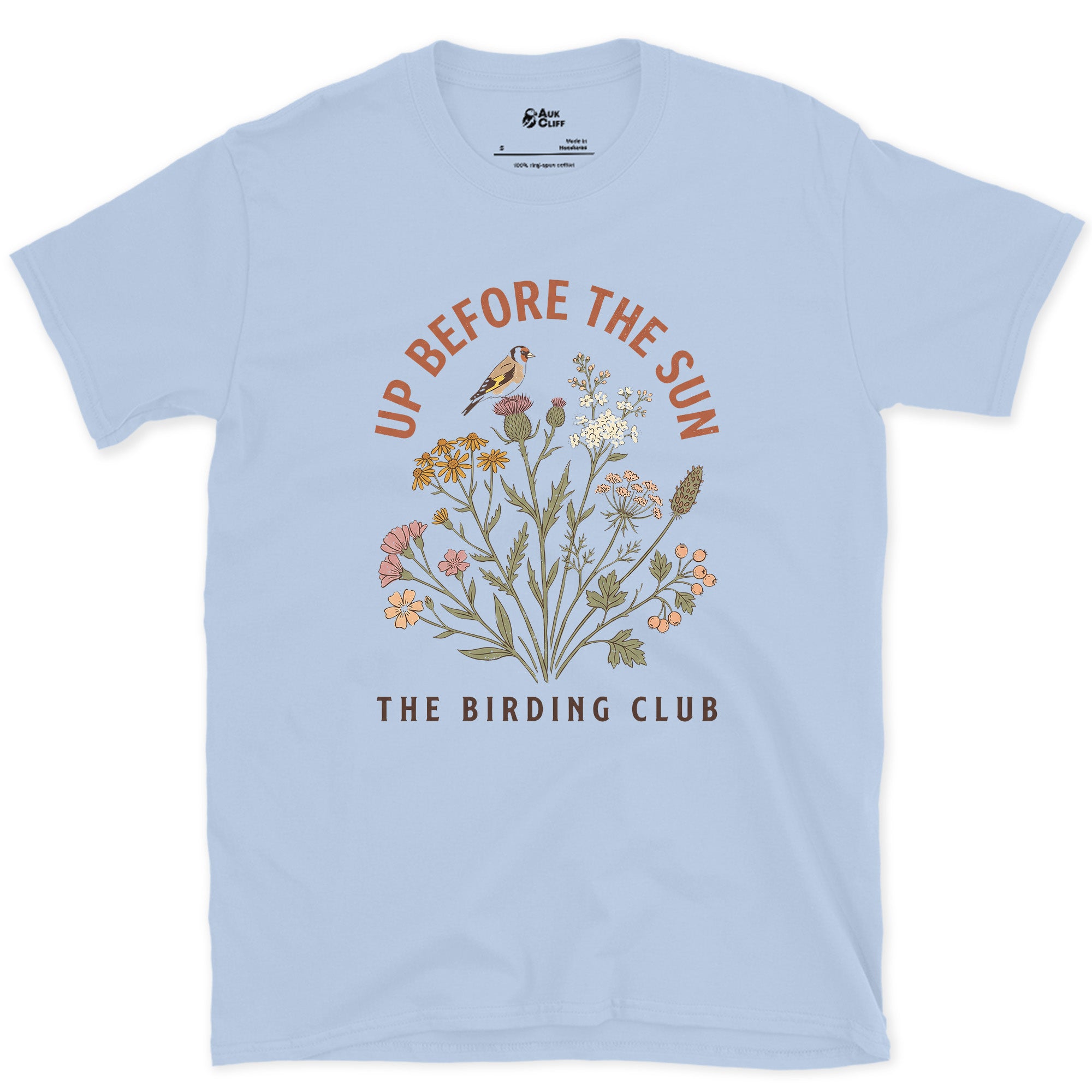 Up Before the Sun, The Birding Club design on a Light Blue Gildan Softstyle t-shirt