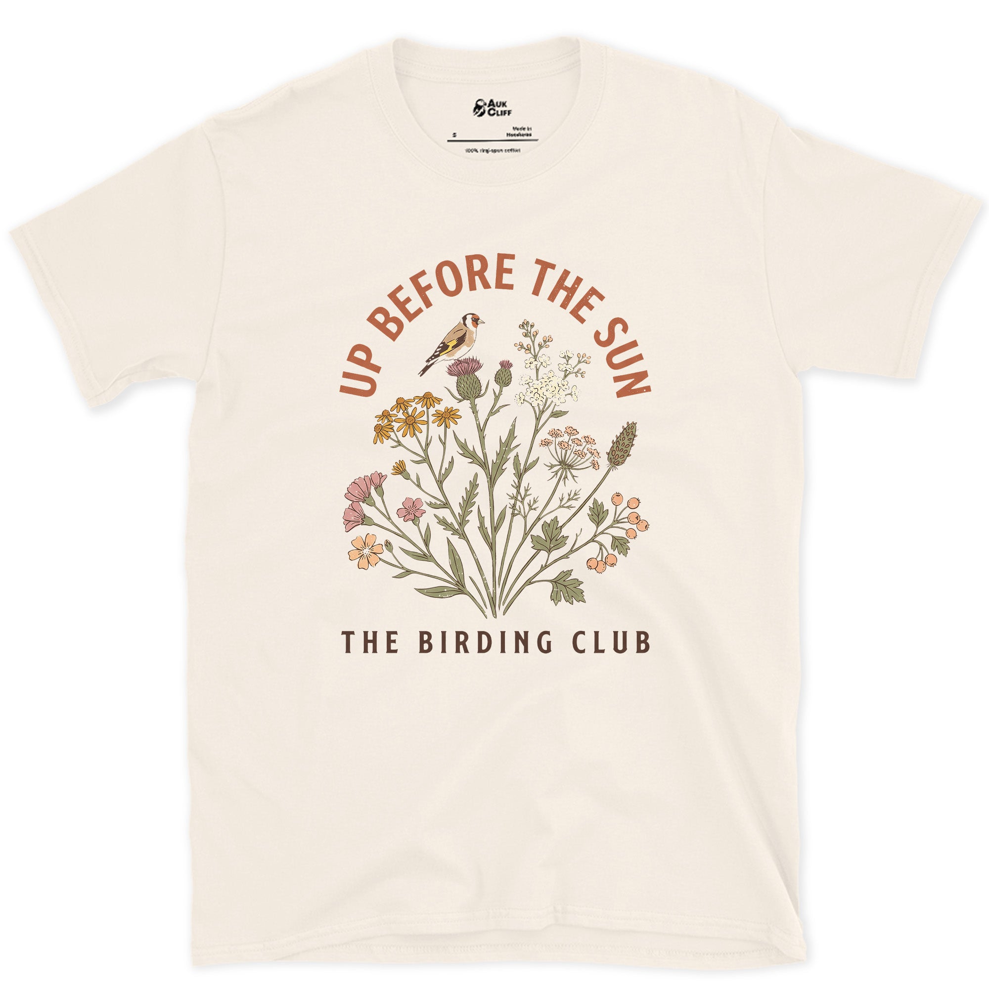 Up Before the Sun, The Birding Club design on a Natural Gildan Softstyle t-shirt