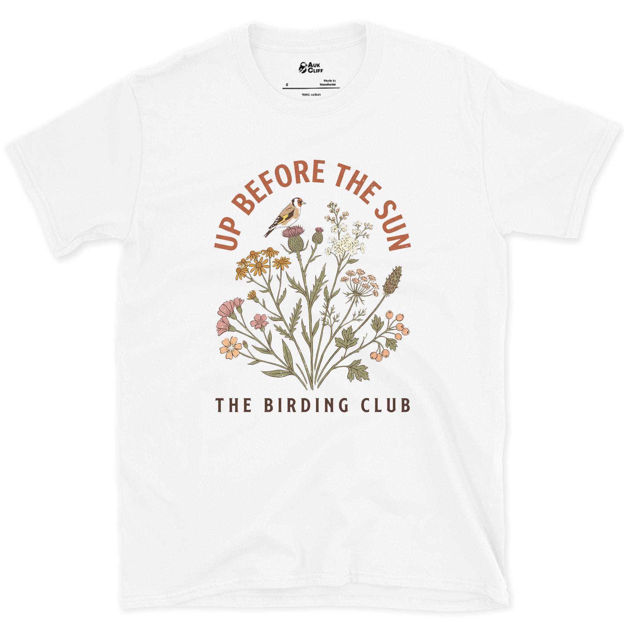 Up Before the Sun, The Birding Club design on a White Gildan Softstyle t-shirt