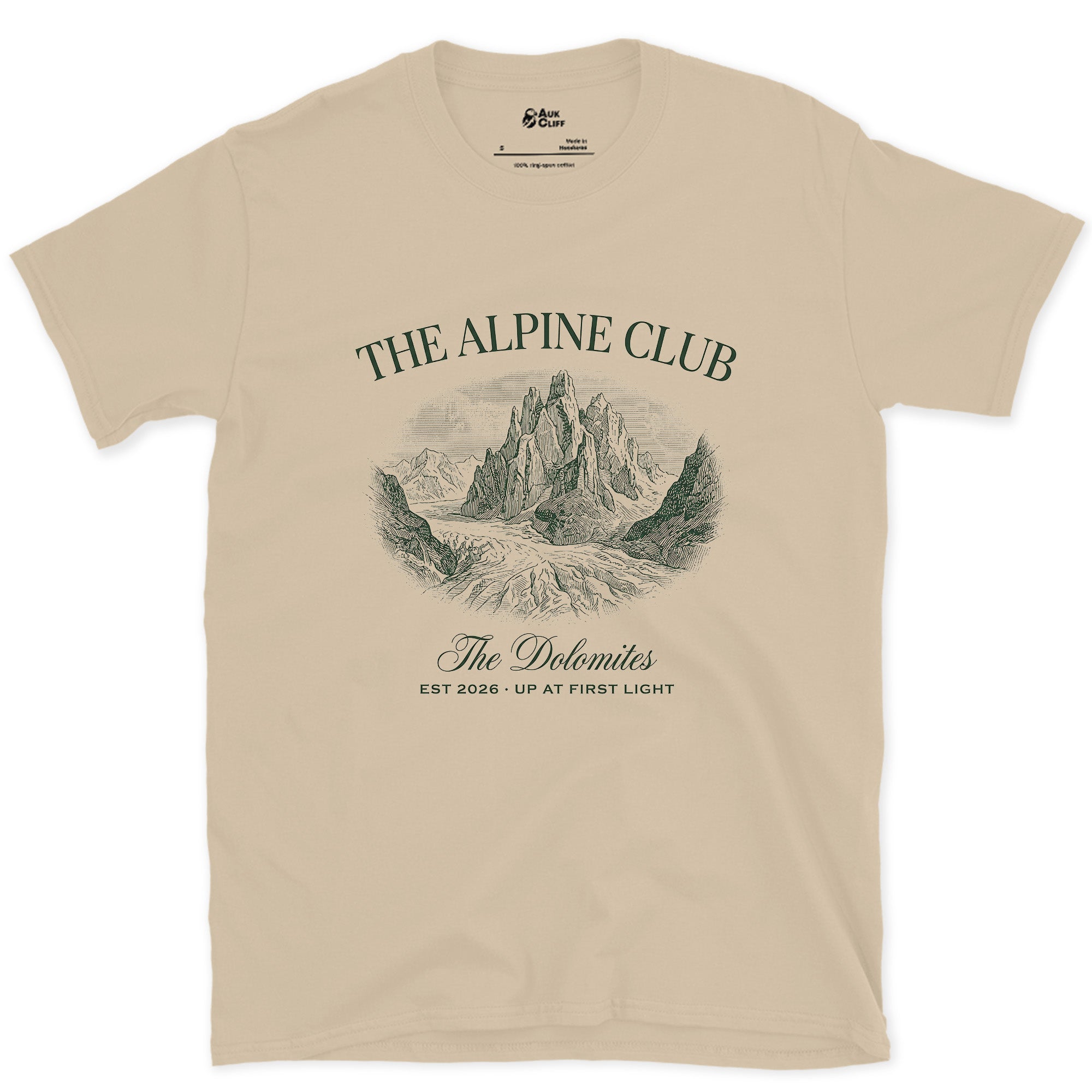 First Light Over the Dolomites design on a Sand Gildan Softstyle t-shirt