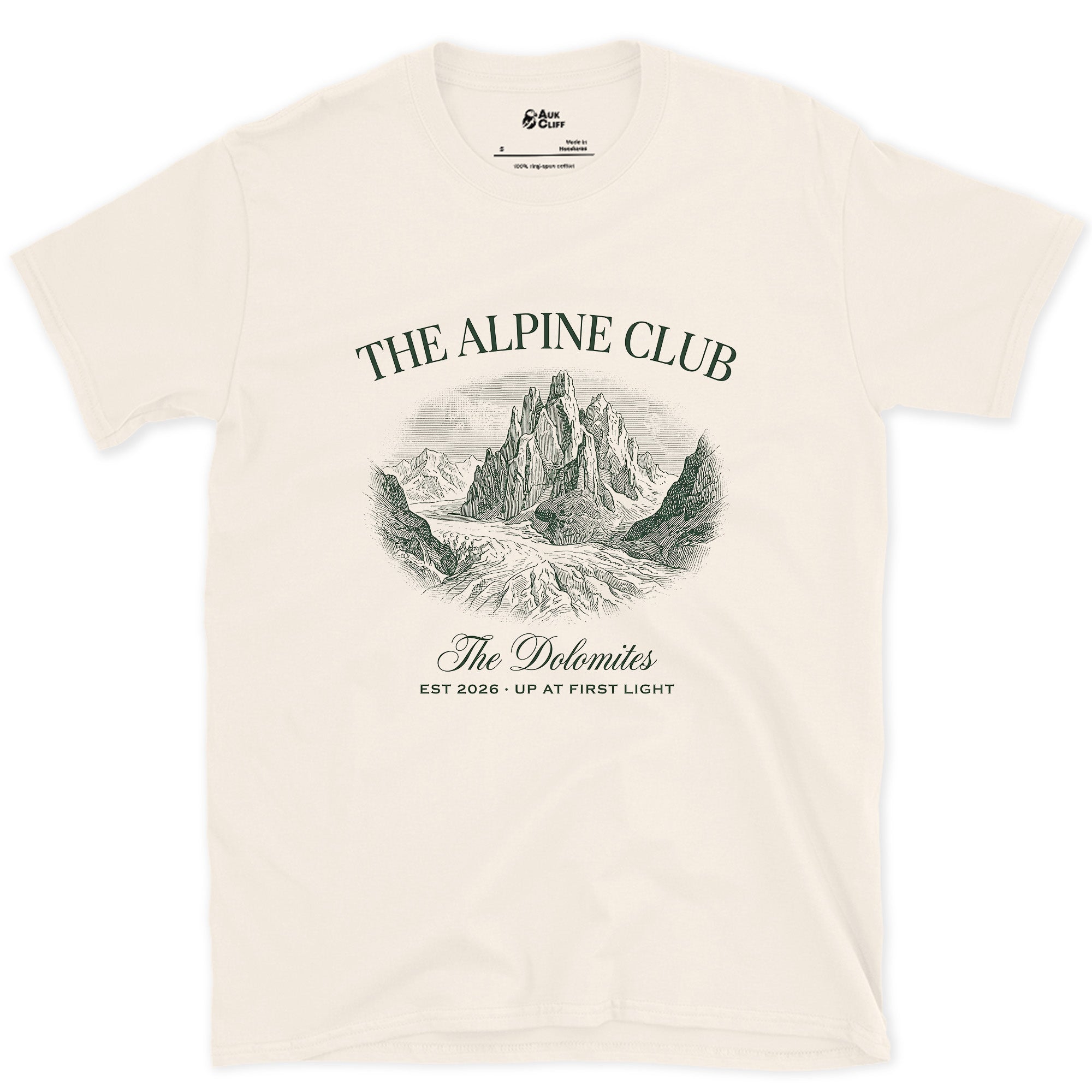First Light Over the Dolomites design on a Natural Gildan Softstyle t-shirt