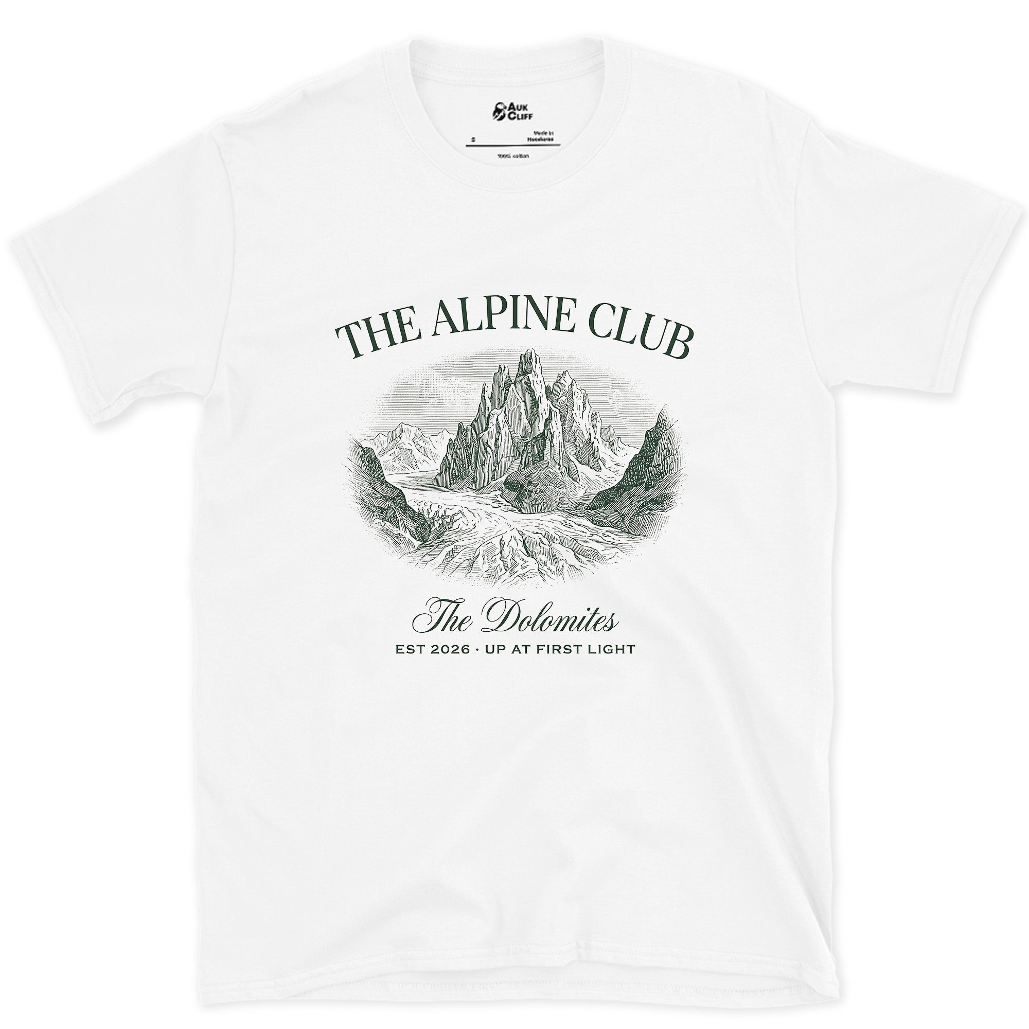 First Light Over the Dolomites design on a White Gildan Softstyle t-shirt