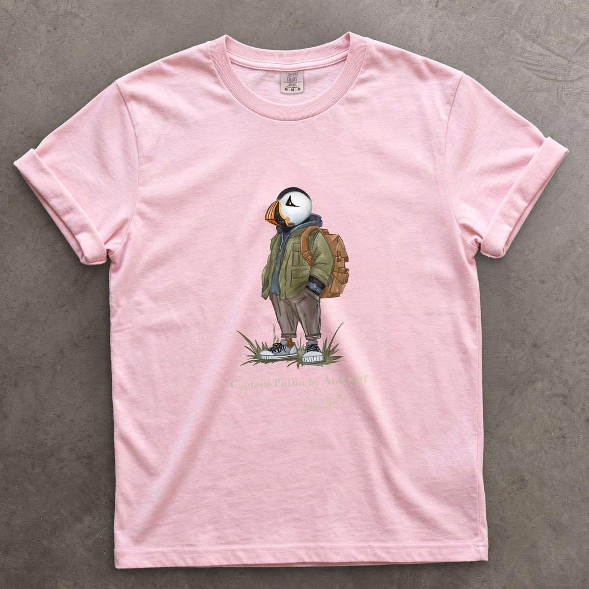 Captain Puffin Urban Hiker on a Blossom Comfort Colors t-shirt