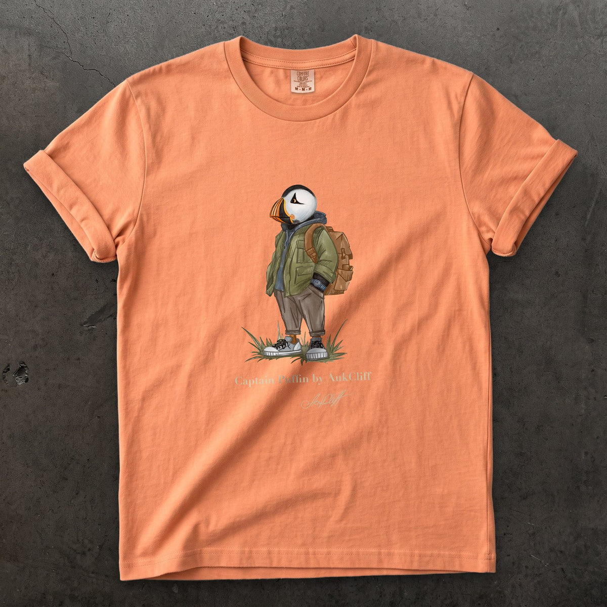 Captain Puffin Urban Hiker on a Terracotta Comfort Colors t-shirt